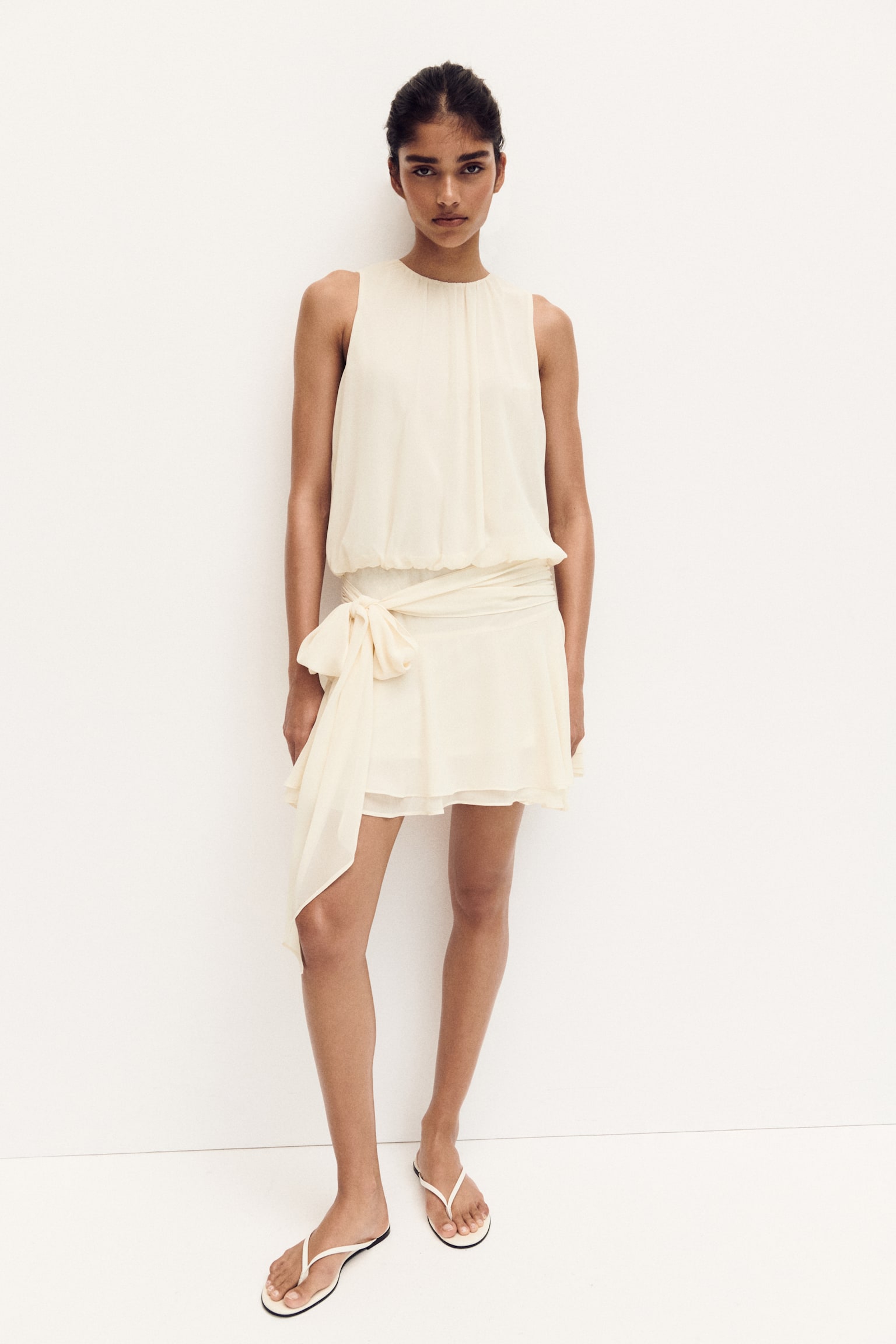 Tie-detail chiffon dress - Cream/Powder pink - 1