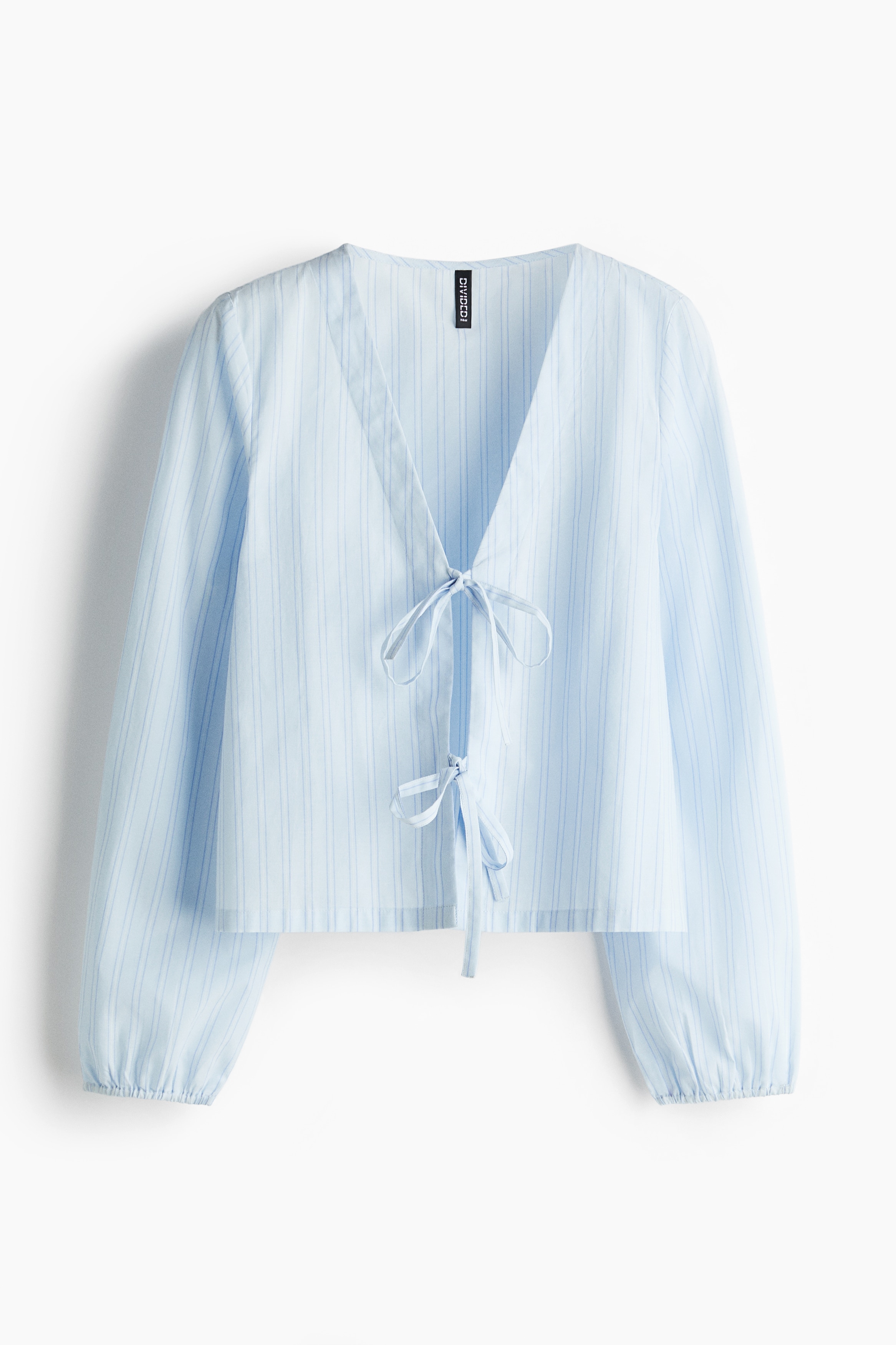 Tie-front cotton blouse - Light blue/Striped/White