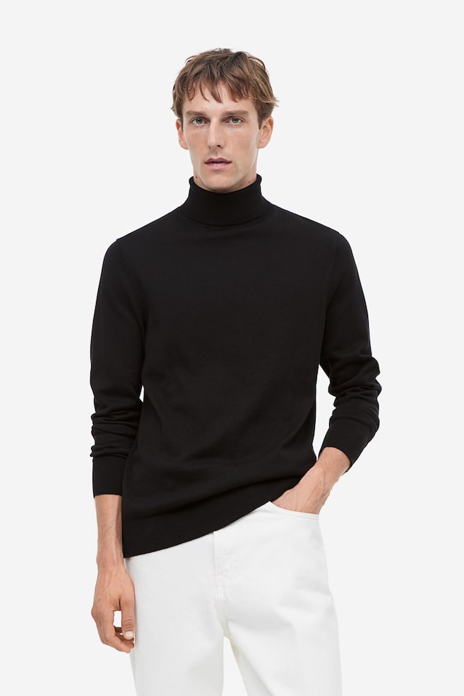 Slim Fit Fine-knit polo-neck jumper - Black/White/Greige/Brown marl/dc - 1