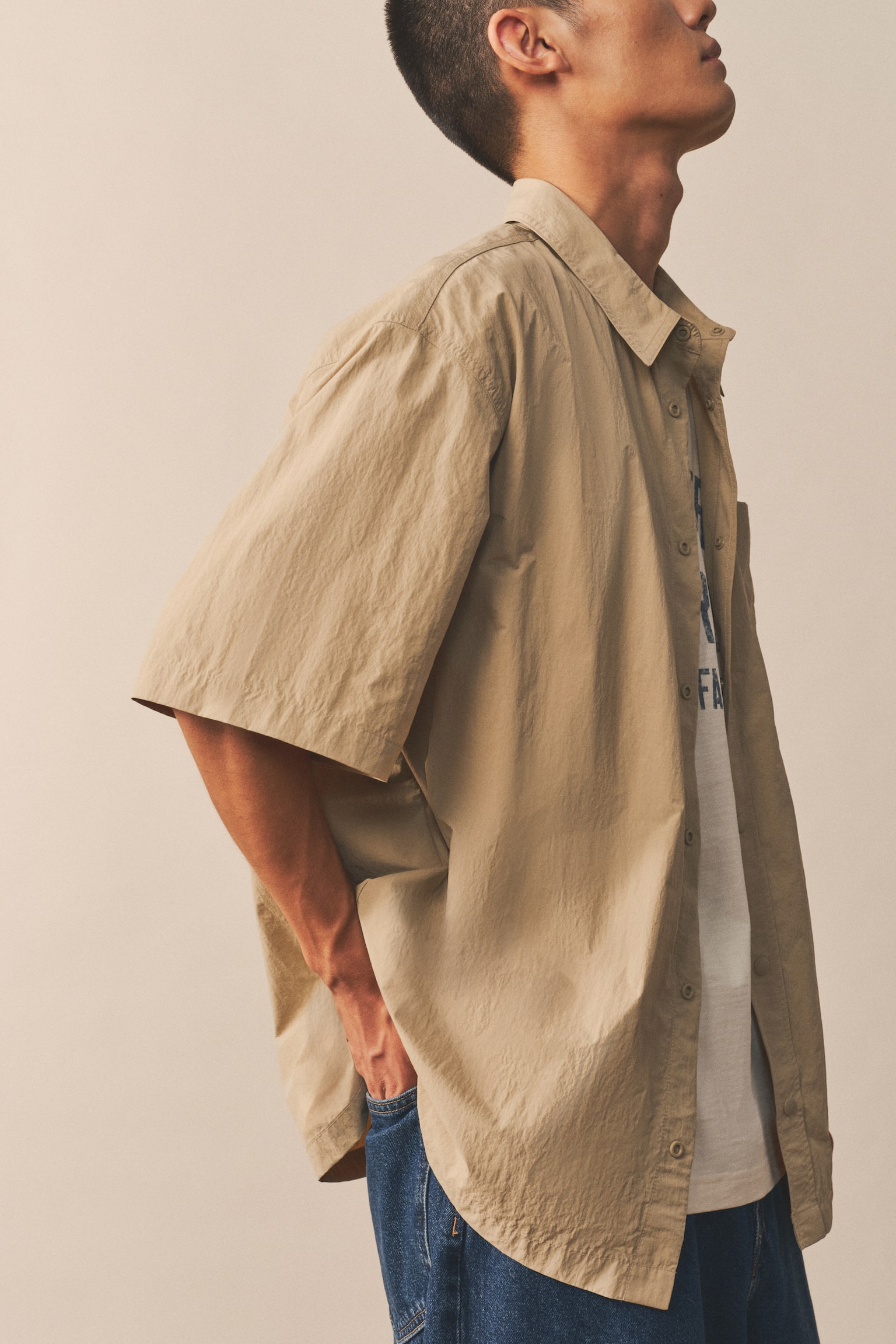 Loose Fit Short-sleeved utility shirt - Beige/Green - 7