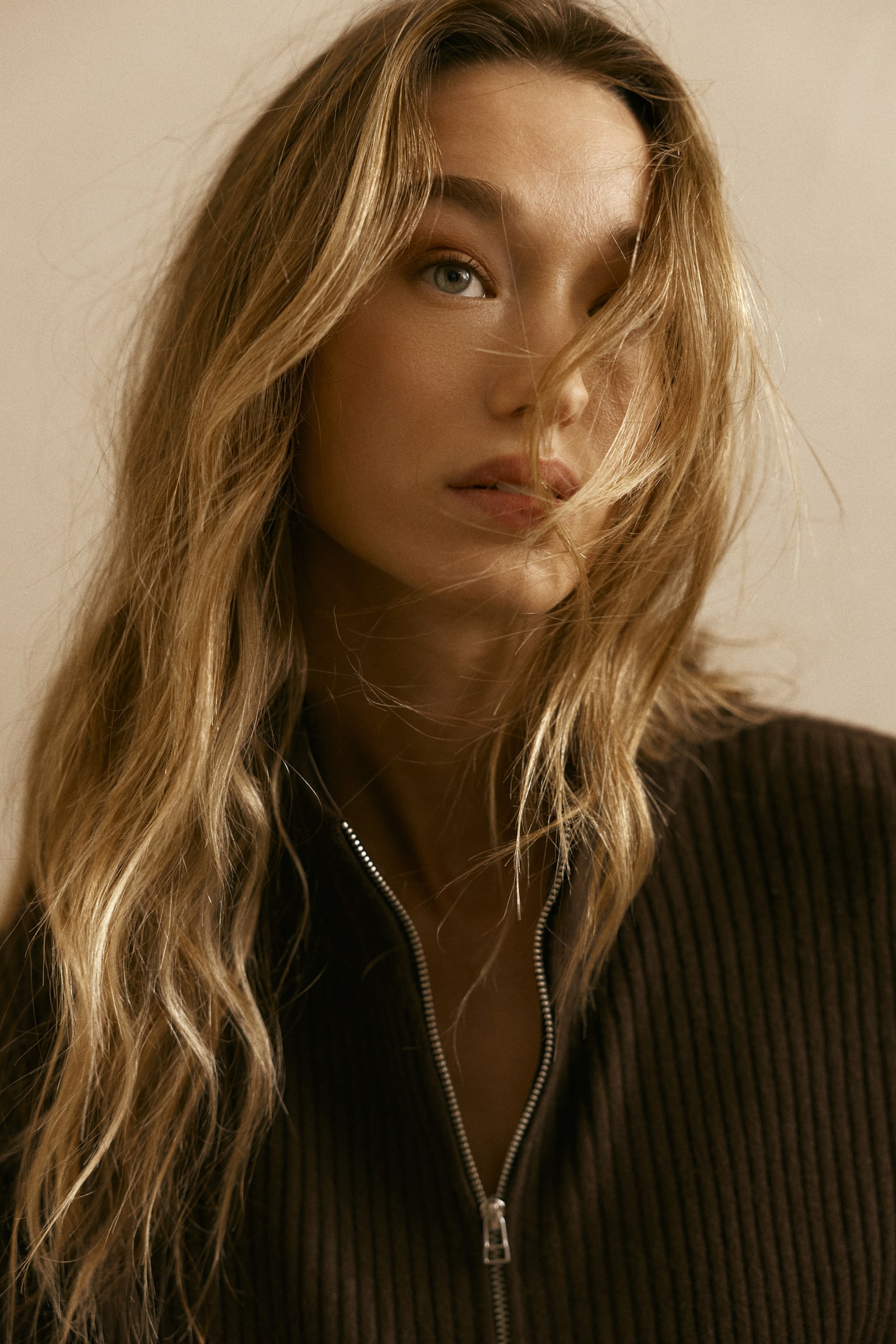 Rib-knit zip-top jumper - Dark brown/Grey marl - 1