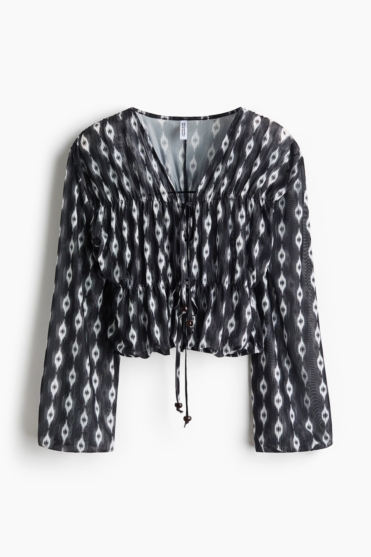 Tie-detail mesh blouse - Black/Patterned - 2