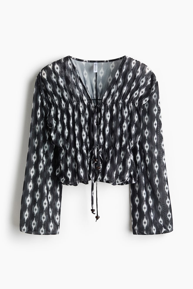 Tie-Detail Mesh Blouse - Black/patterned - 1