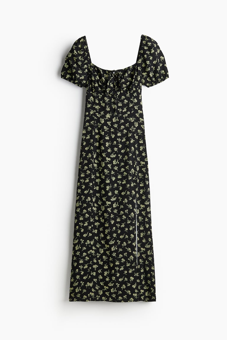 h&m puff sleeve midi dress H&M TREND Conscious Puff-Sleeved Cotton Dress BLACK Short Midi Size Small