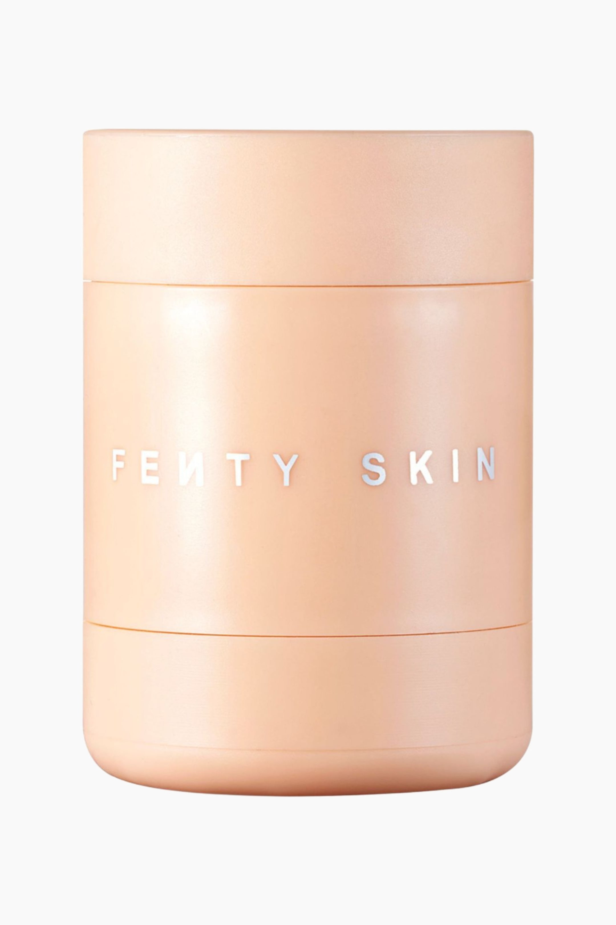 Visa större bild: En cylindrisk hudvårdsbehållare i persikofärg står upprätt och har en tredelad design med en slät matt finish. Varumärket "FENTY SKIN" är tryckt i silverfärgade, minimalistiska blockbokstäver över behållarens mittsektion.