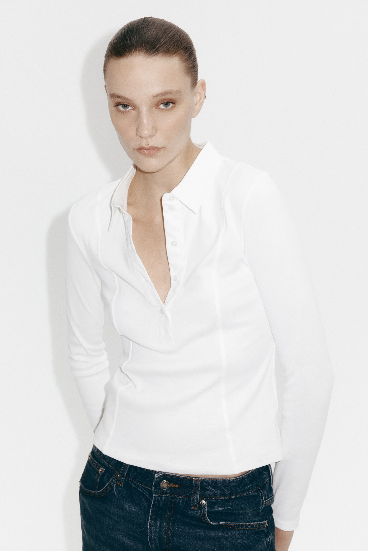 Fitted Polo Shirt - White/Light blue/Beige - 2