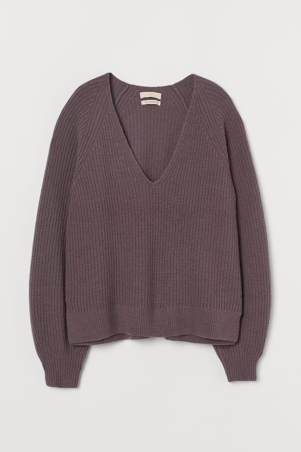 Rib-knit Wool Sweater - V-neck - Long sleeve - Dark heather purple ...