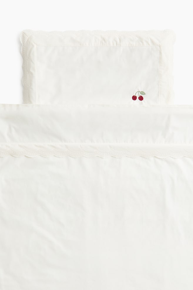 Embroidered-Detail Crib Duvet Cover Set - White/cherries/Light pink/cherries - 1