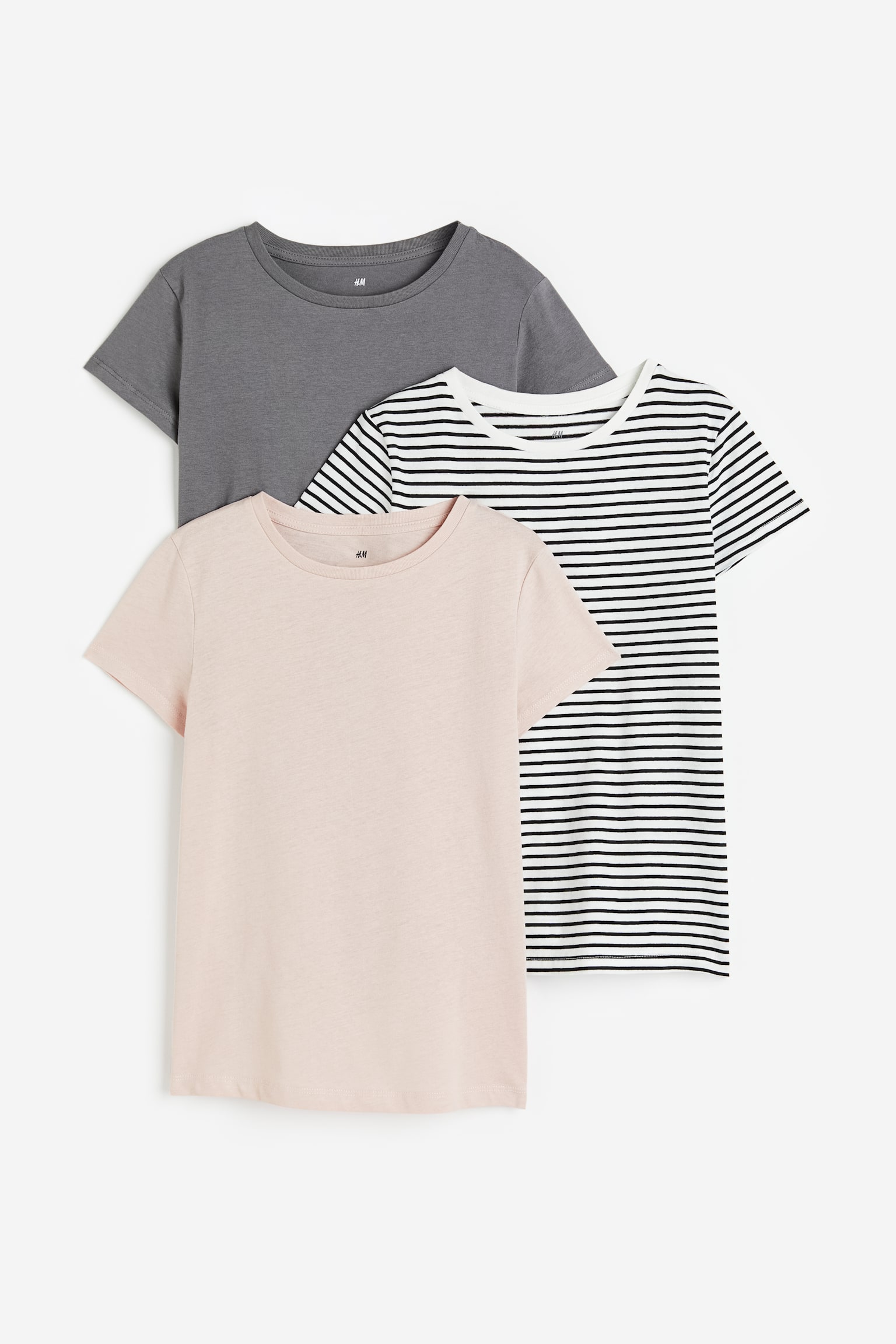 3-pack cotton T-shirts - Grey/Dusky pink/White/Black/Grey marl/Grey/Powder pink/Blue/Striped/Purple/Black/Light beige - 1