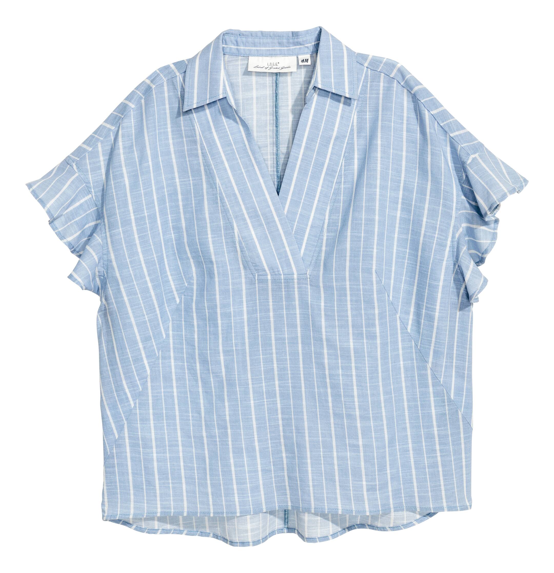 View larger image: Frill-sleeved cotton blouse - Light blue/Striped - Ladies | H&M GB 1