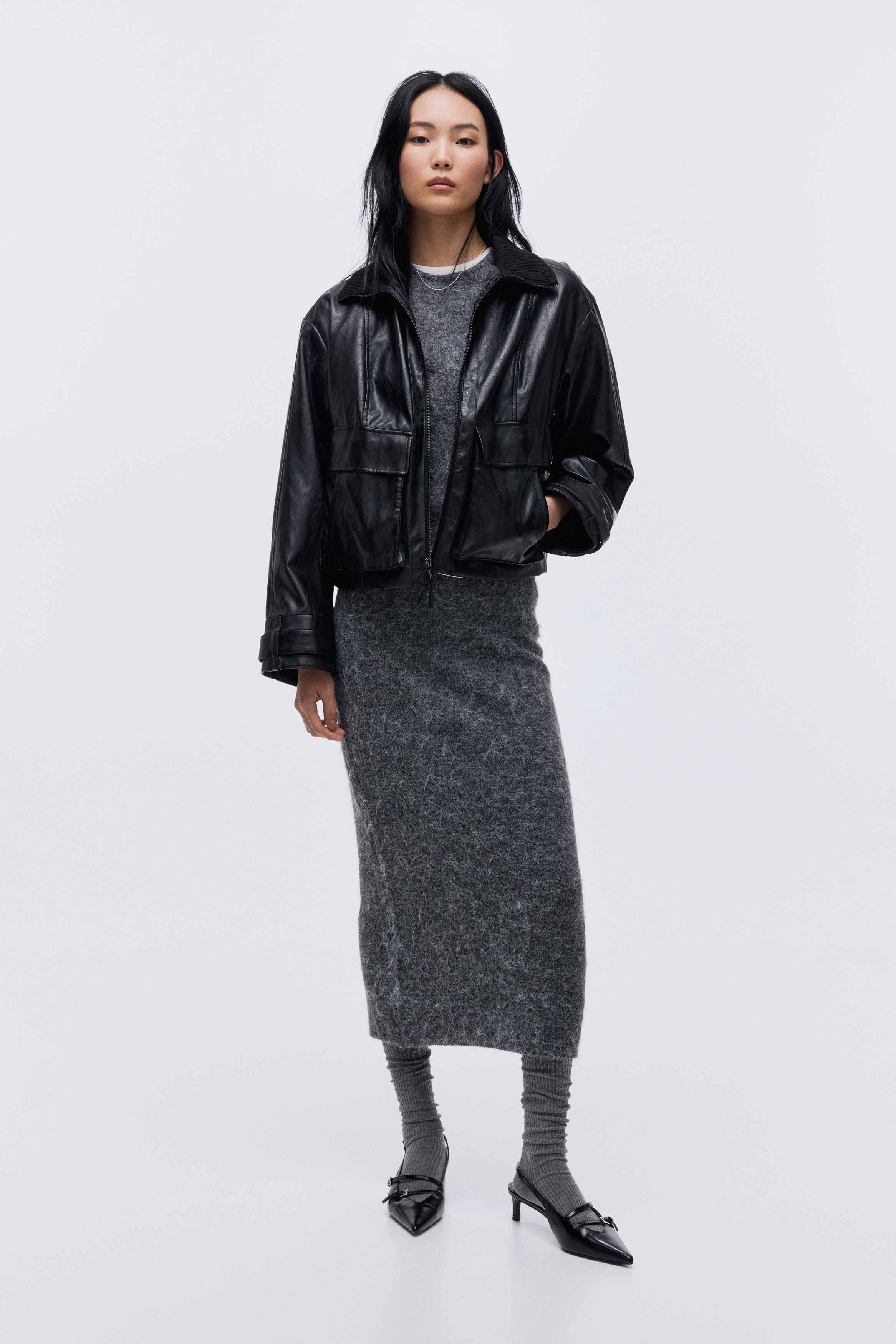 Falda midi tejida - Gris jaspeado oscuro