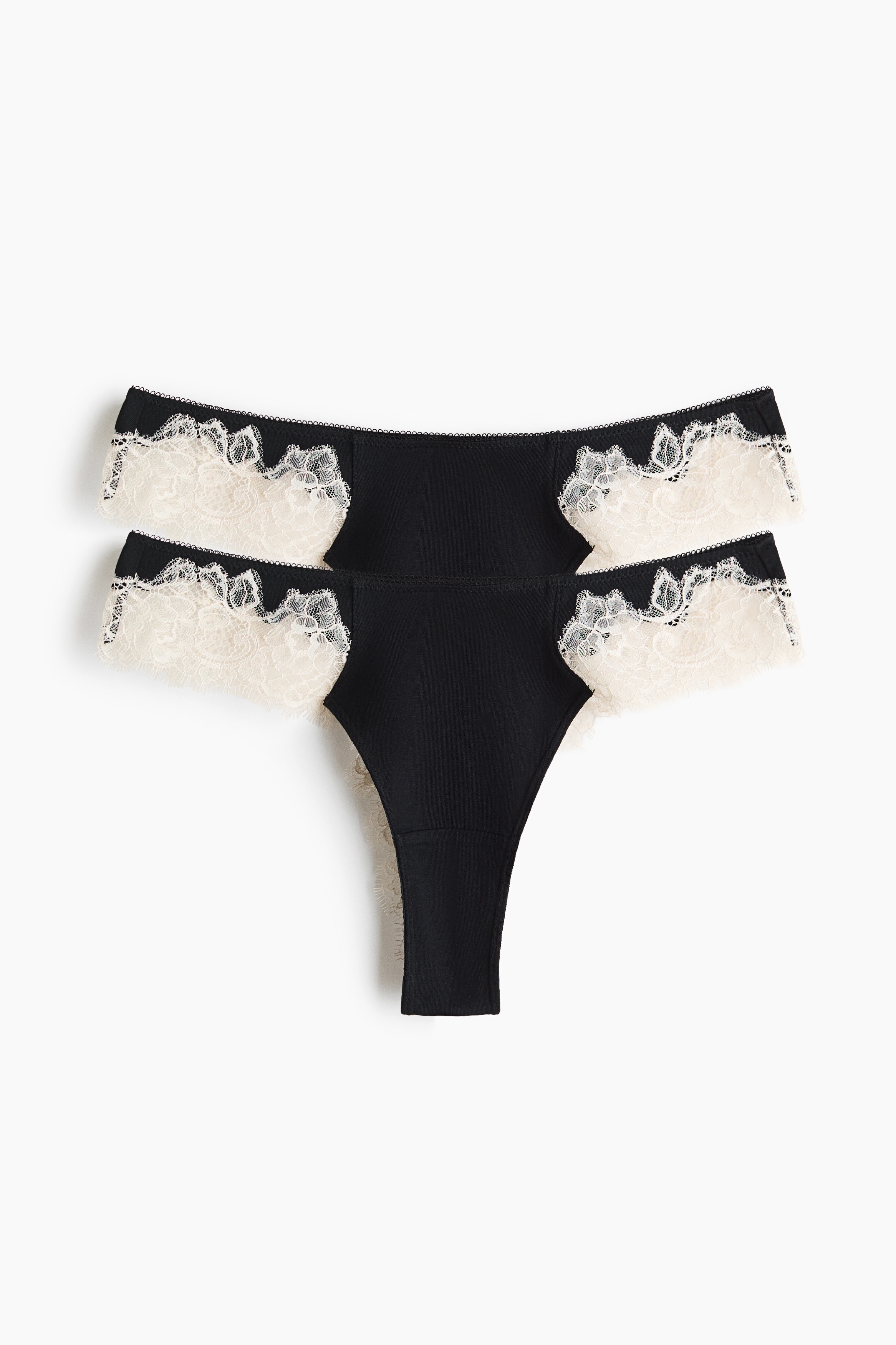 2-pack lace-trimmed cotton Brazilian briefs - Black/Cream