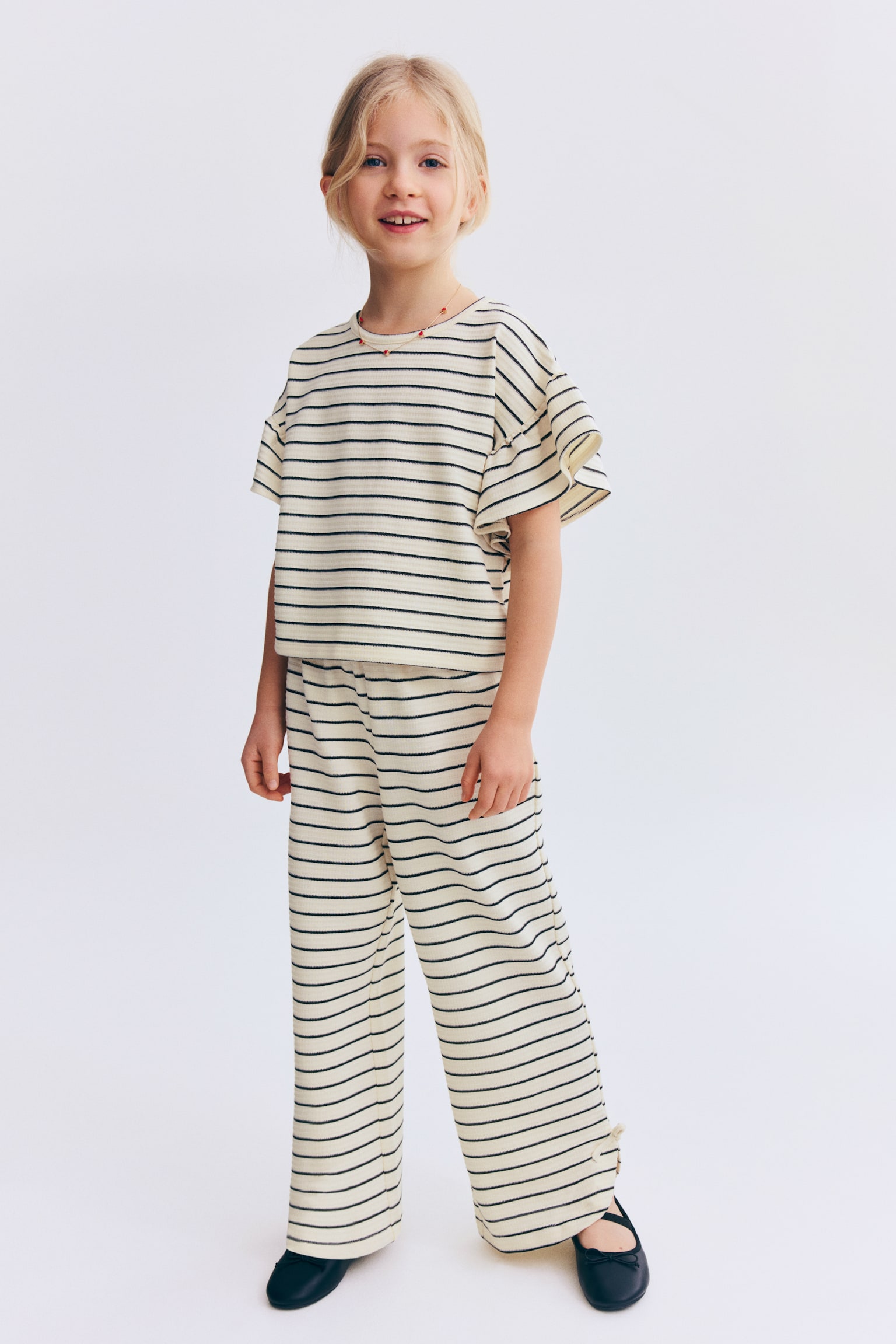 2件組紋理感平紋套裝 - 奶油色/黑色條紋 - 2