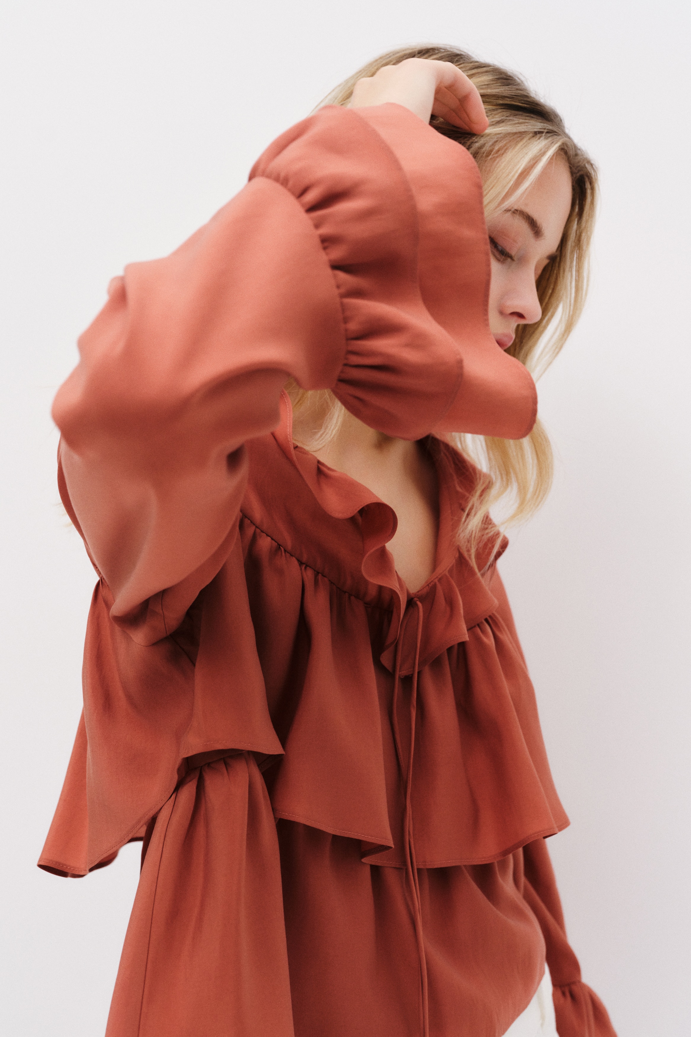 荷葉邊女衫 - 深橘色/淺綠色/花朵