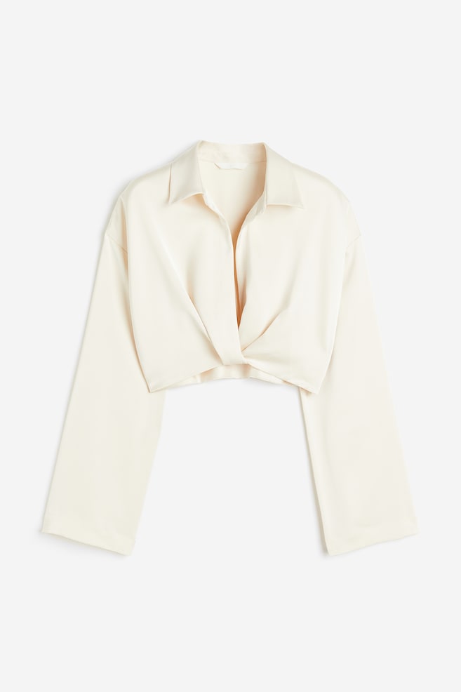 Cropped satin blouse - Light beige/Light khaki green - 2