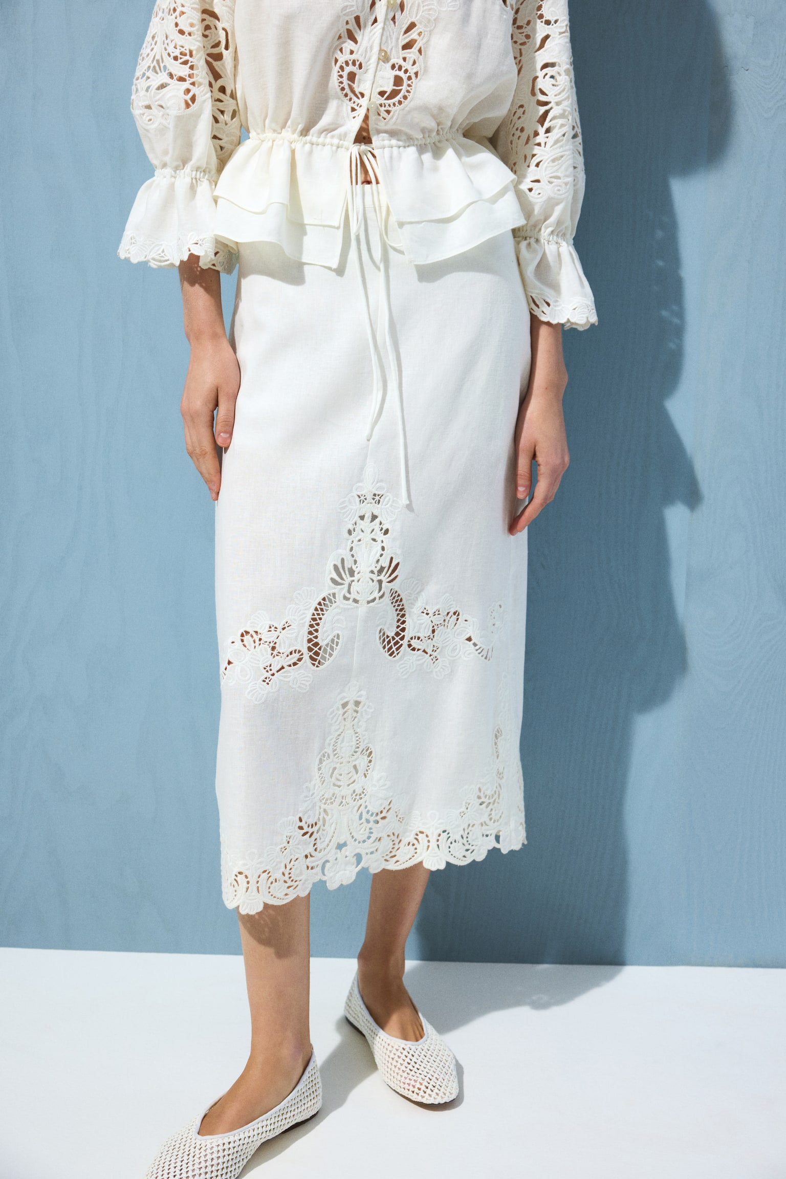 Linen-blend broderie anglaise skirt - White - 4