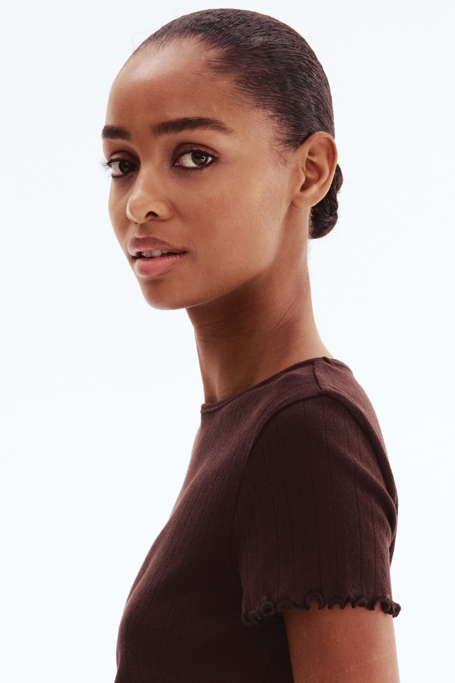 Pointelle jersey top - Dark brown/Light blue/White - 3