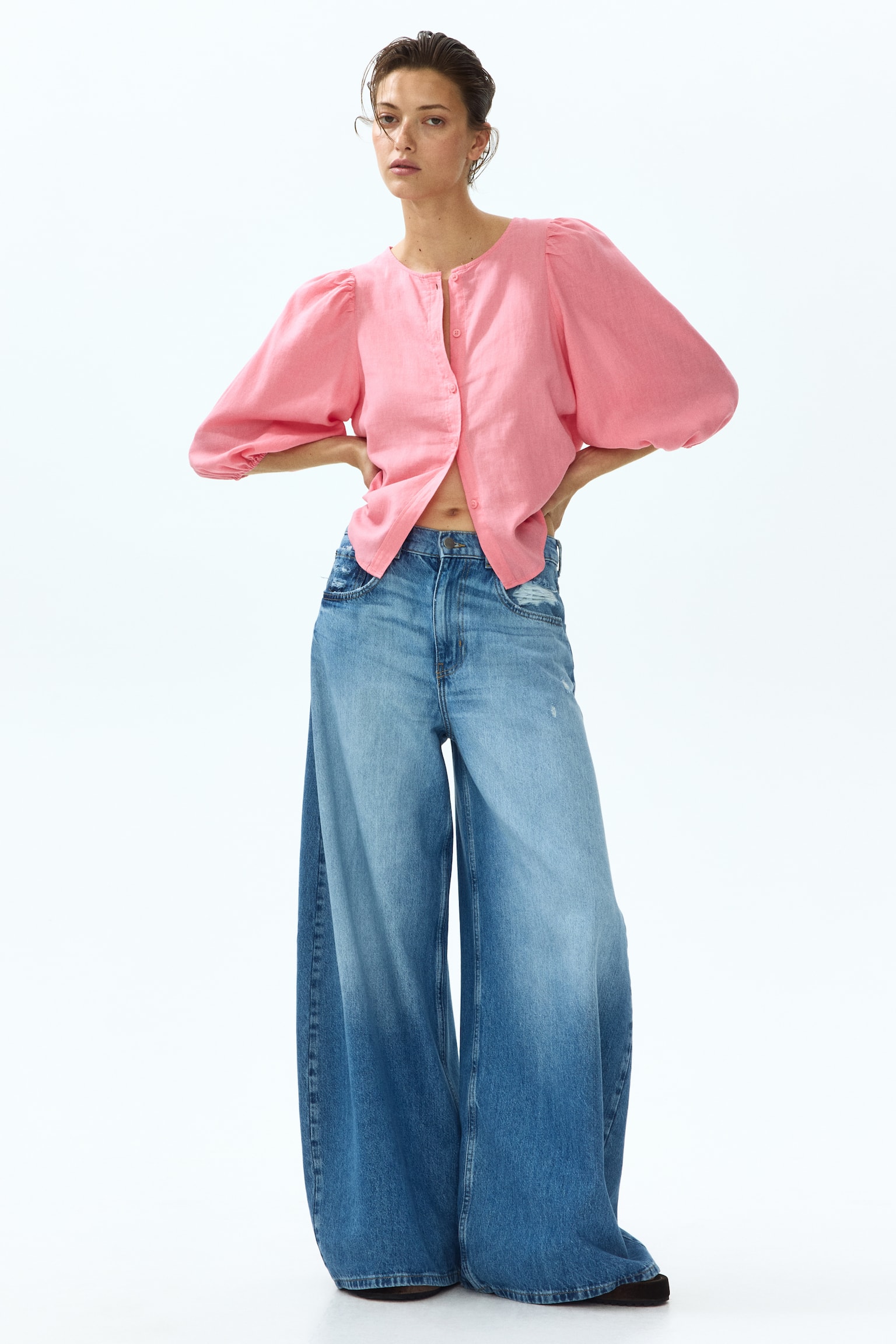 Женская блузка H&M Linen-Blend Blouse, цвет: Розовый — фото 4