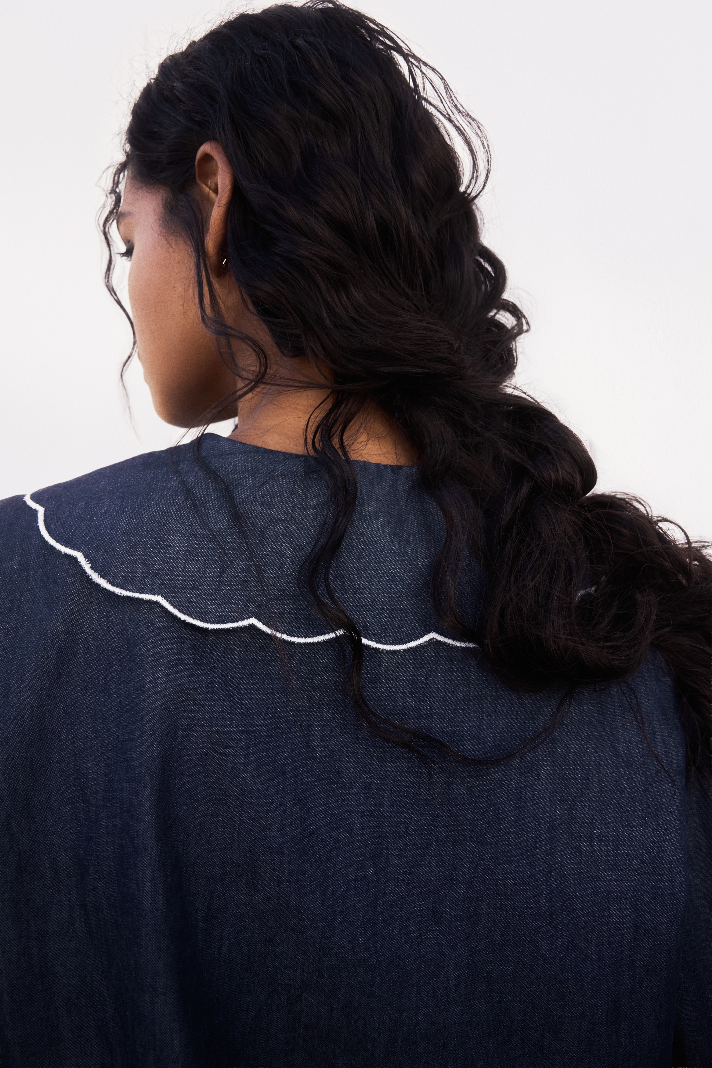 Embroidered-collar denim blouse