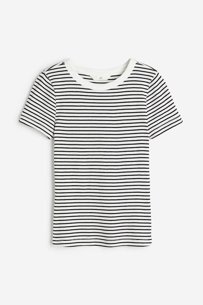 T-shirt i ribbet modalblanding - Hvid/Sortstribet/Sort/Hvid/Gråbeige/Lys kakigrøn/Mørk beigemeleret - 1