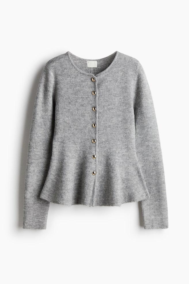 Rib Knit Peplum Cardigan - Light grey marle/Black/Dark khaki green - 1