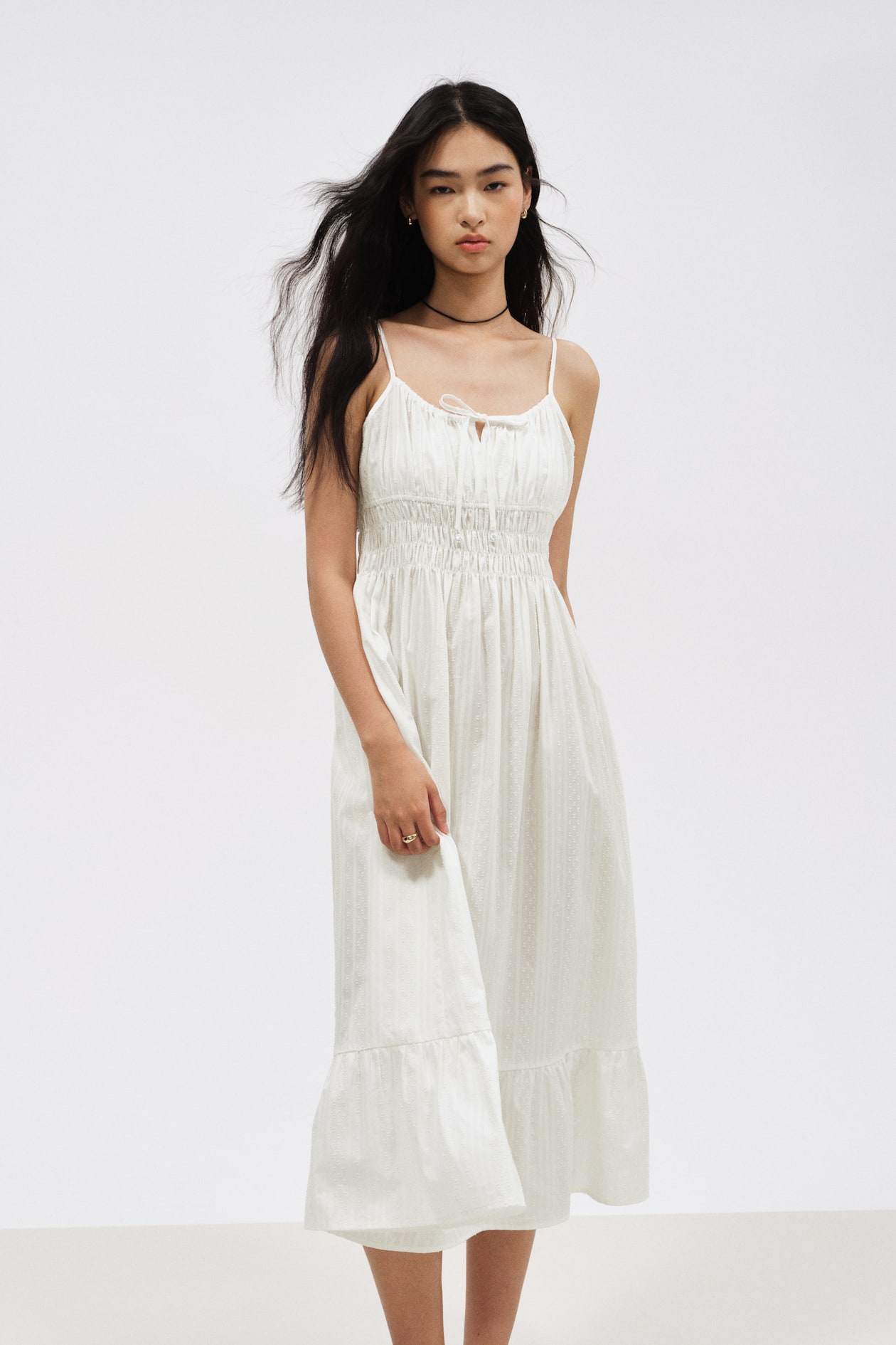 Smocked cotton strappy dress White Ladies H&M SG