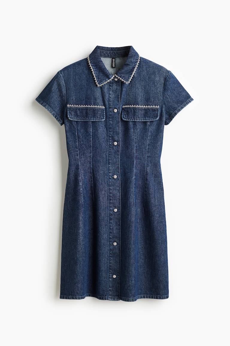 sparkly denim dress Haven Rhinestone button cuff and four functional pockets.A fun Incredible Rhinestone Studded Denim Bustier