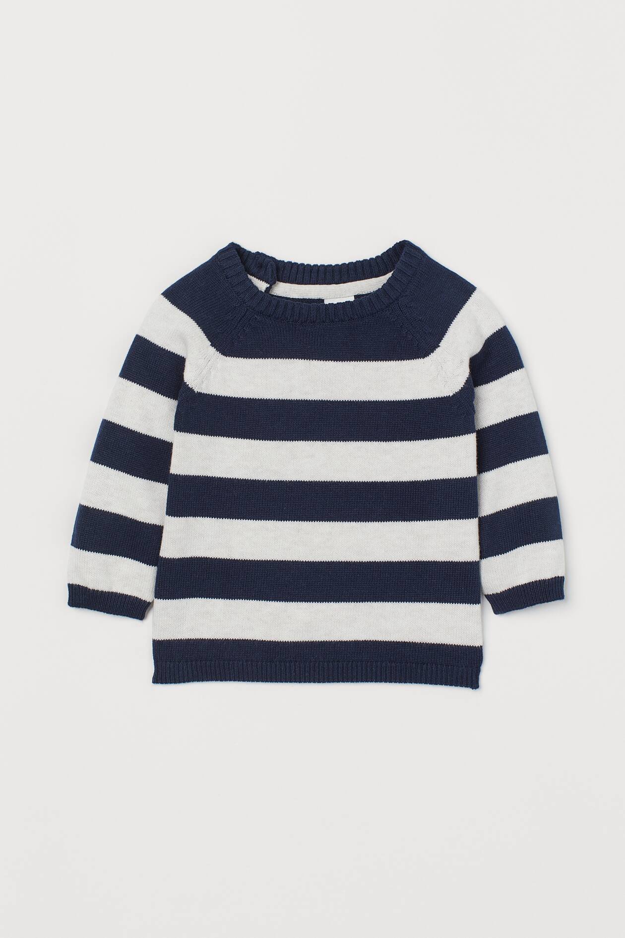 Knitted cotton jumper - Round neck - Long sleeve - Dark blue/White marl ...