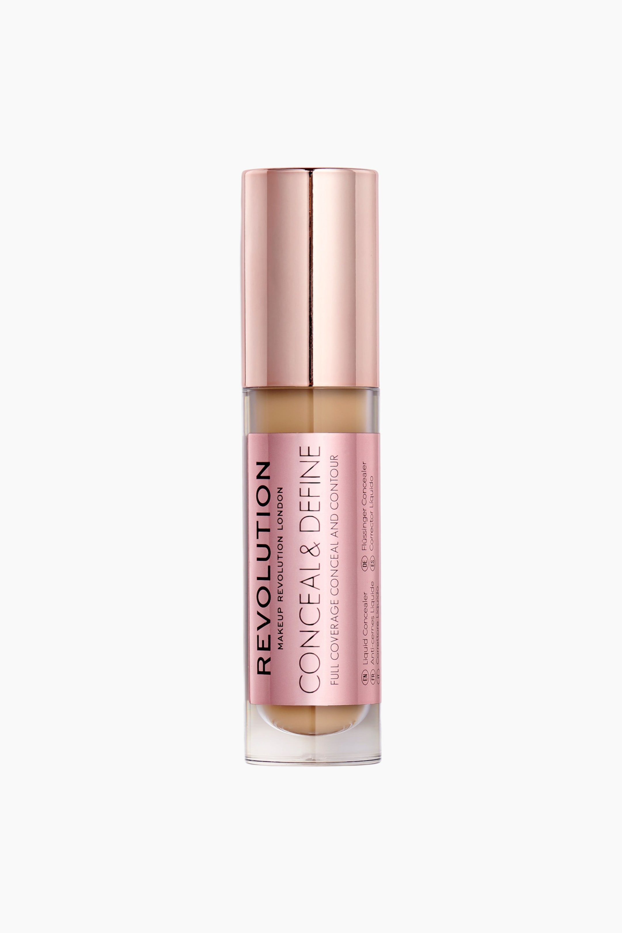 Visa större bild: En flaska Revolution Conceal & Define concealer står upprätt och visar en ljusbeige vätska i ett genomskinligt cylindriskt rör. Flaskan har ett metalliskt roséguldlock och en matchande etikett i roséguld med svart text.