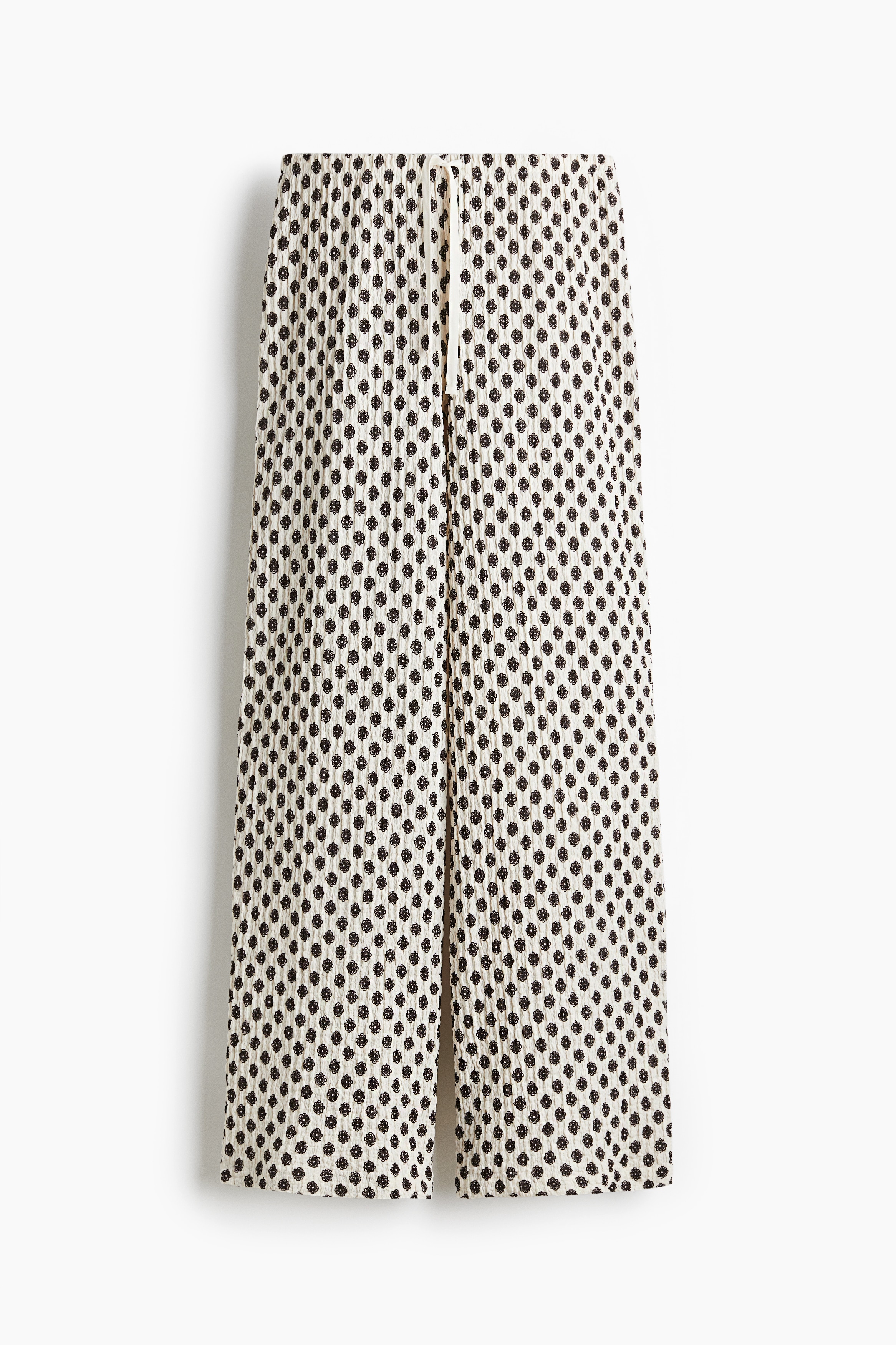 Crinkled drawstring trousers - Cream/Patterned/Dark brown