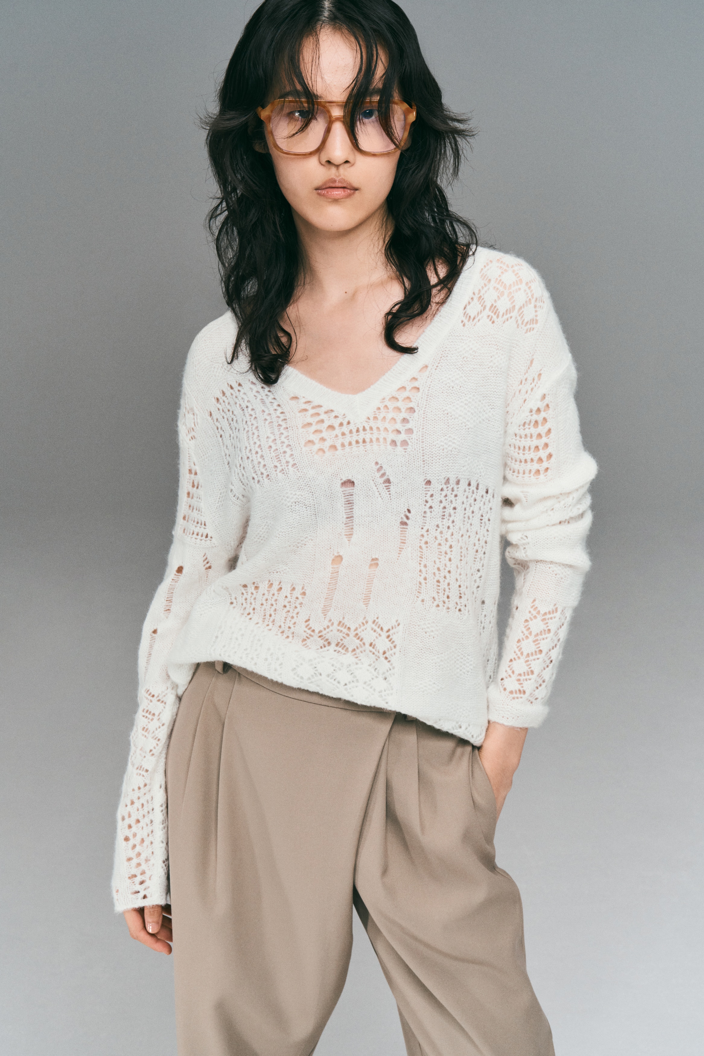 ニット 白M Vネックポインテルニットトップス - ホワイト - レディース | H&M JP