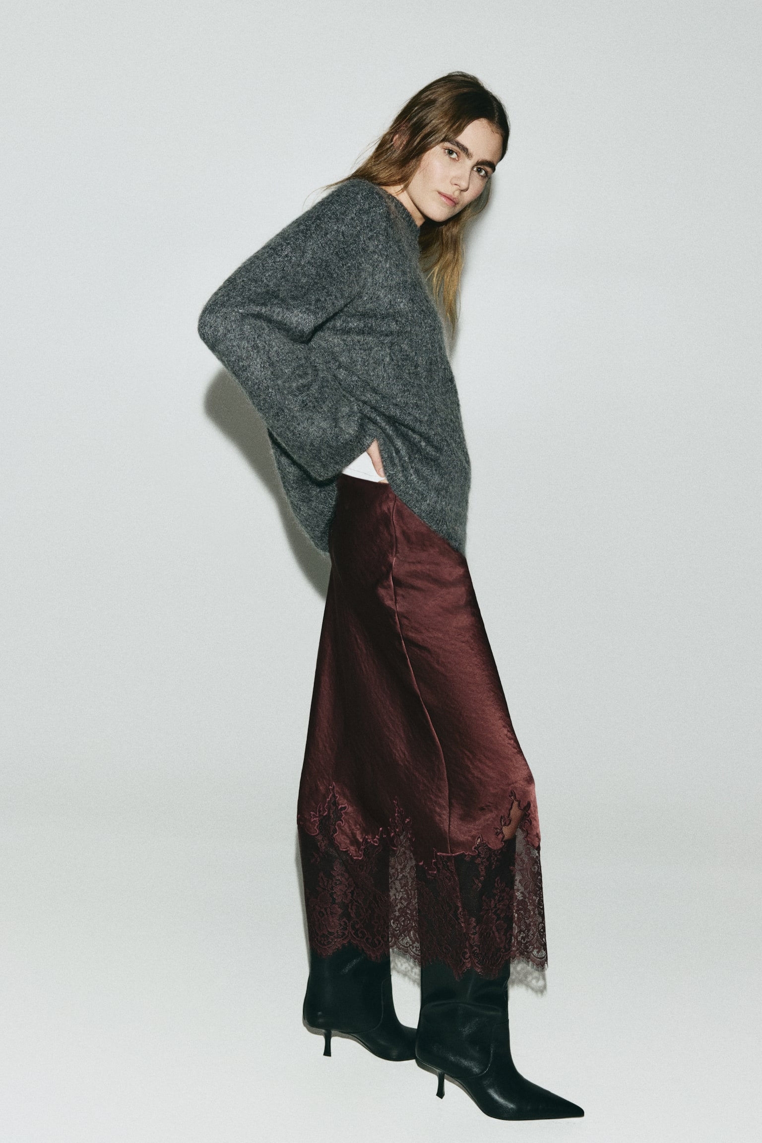 Lace-trimmed satin skirt - Burgundy - 1