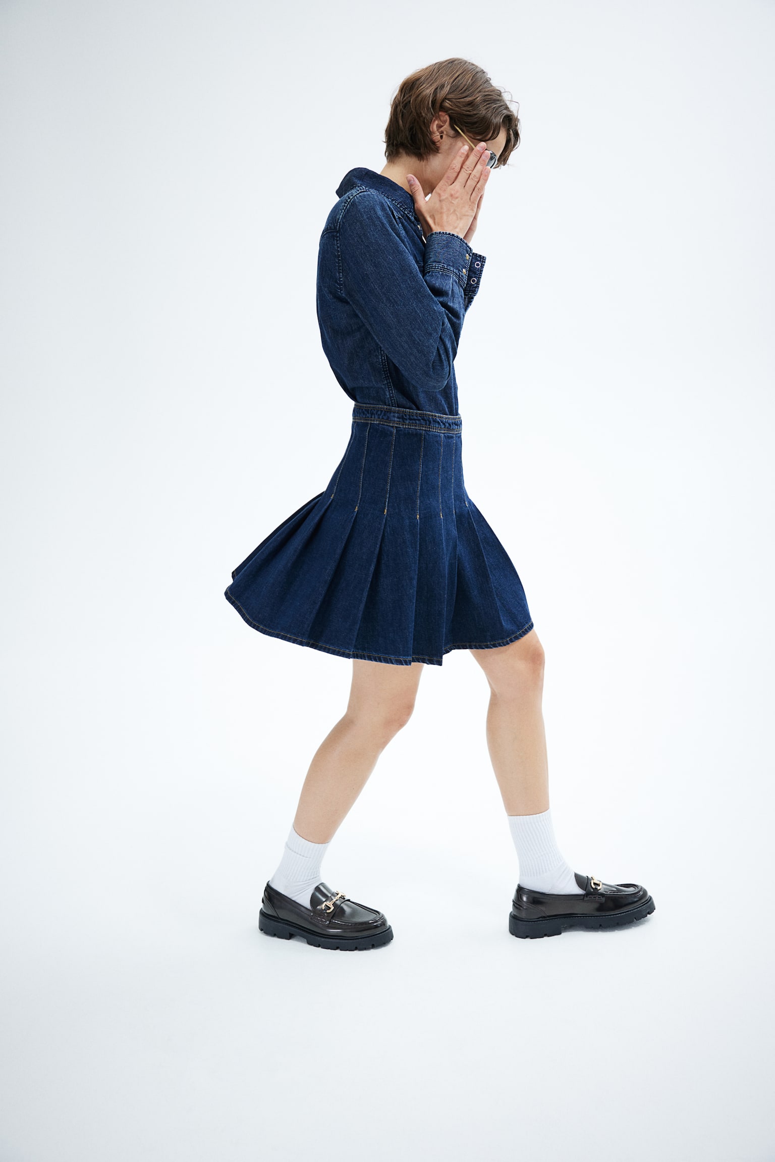 Pleated denim skirt - Dark denim blue - 4