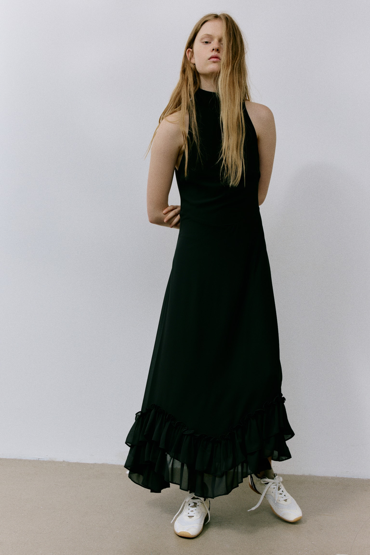 Ruffled maxi dress - Black/Dark turquoise - 1