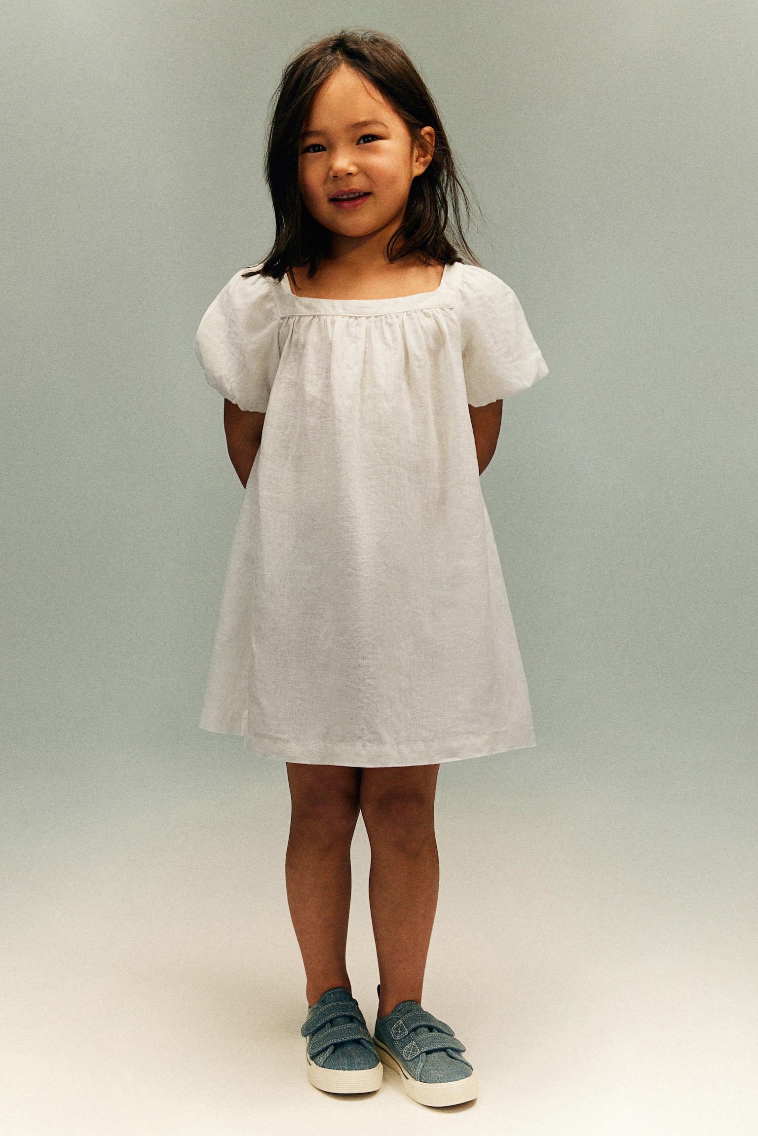 Balloon-sleeved linen dress - White - 1