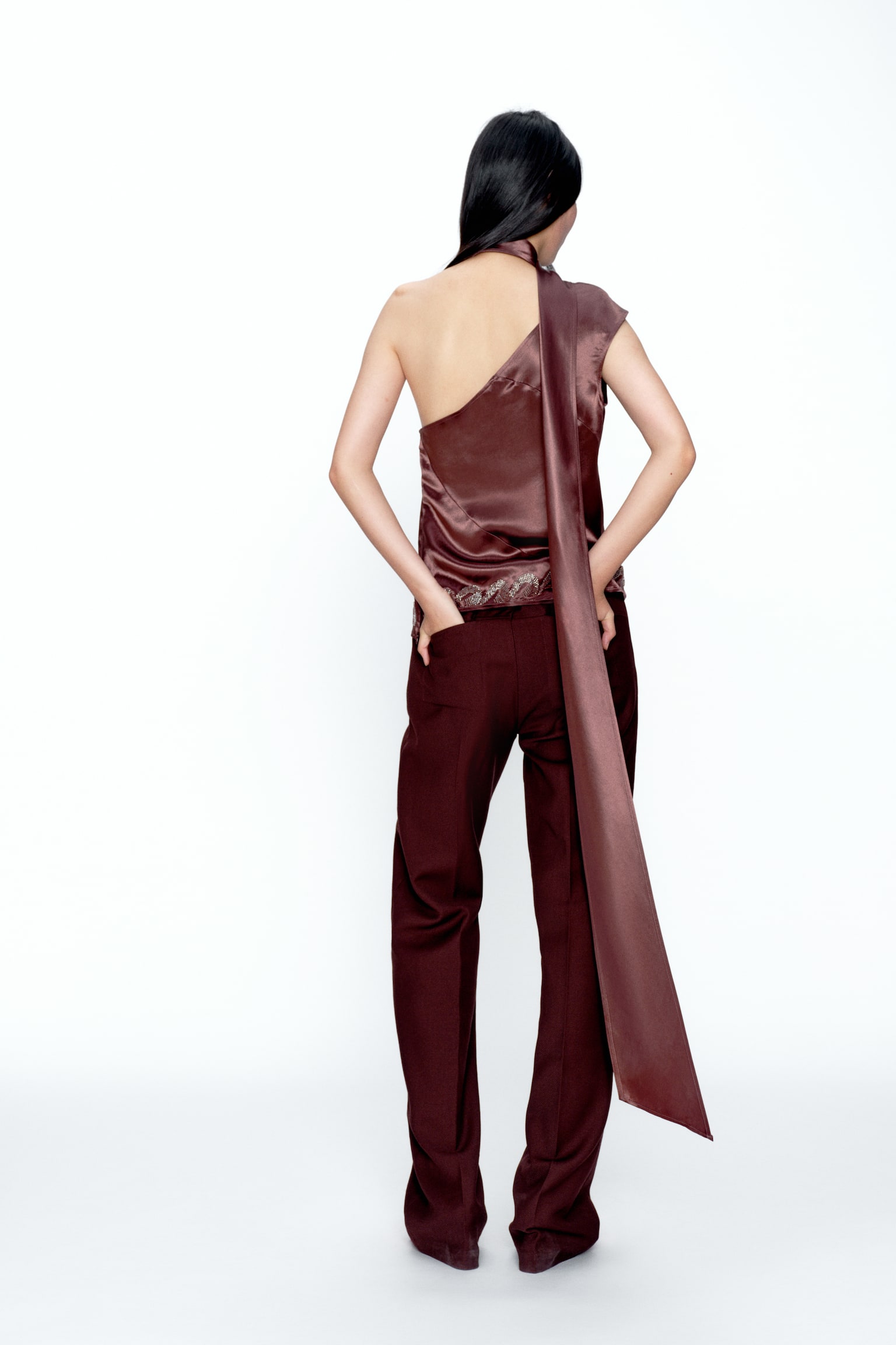Scarf-collar satin top - Burgundy - 2