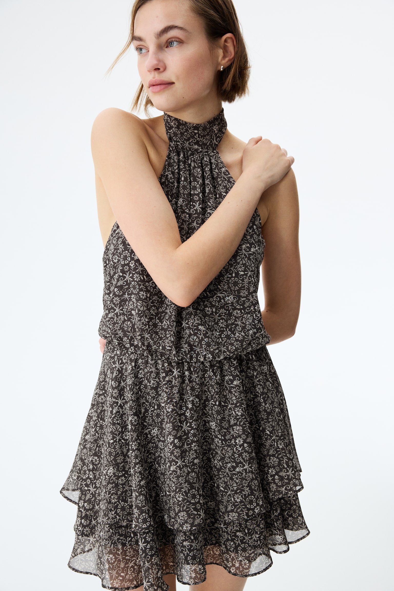 שמלת קולר משיפון - אפור כהה/פרחוני/שחור/צהוב בהיר/נקודות - 2