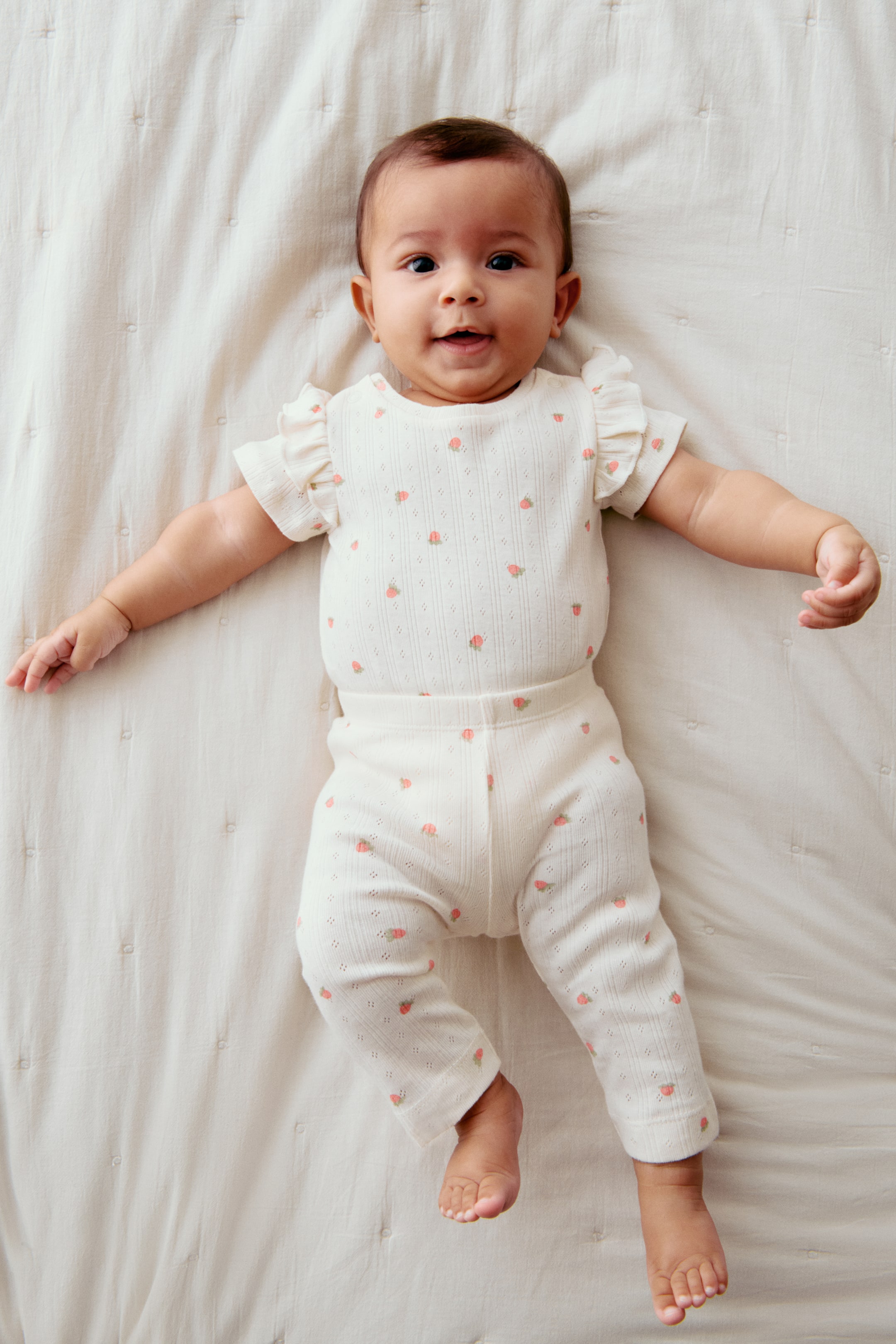 View larger image: An off-white two-piece baby outfit is featuring a ribbed knit texture with small eyelets and a scattered pink strawberry pattern. The short-sleeved top is showing ruffled sleeve edges, and the coordinating full-length pants are presenting an elastic waistband.