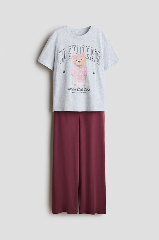 Cotton pyjamas - Dark plum red/Teddy bear/Light blue/Pancakes - 1