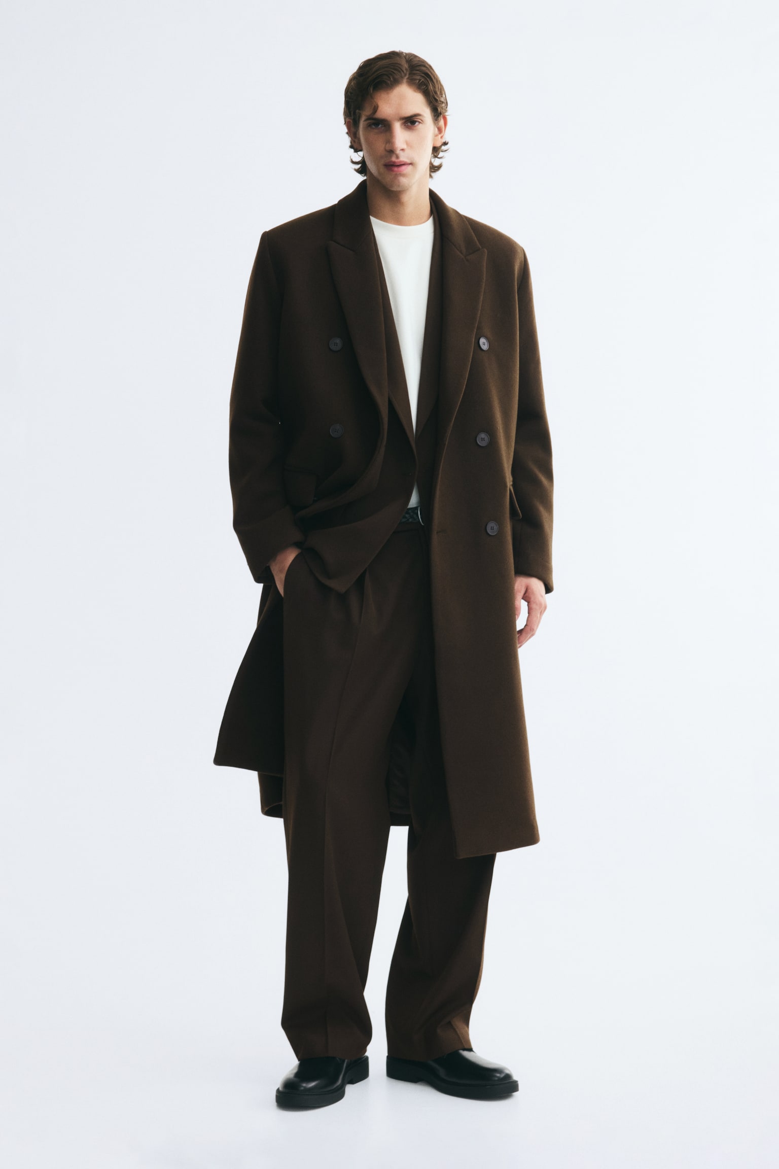 Double-breasted wool-blend coat - Dark khaki green/Black - 1