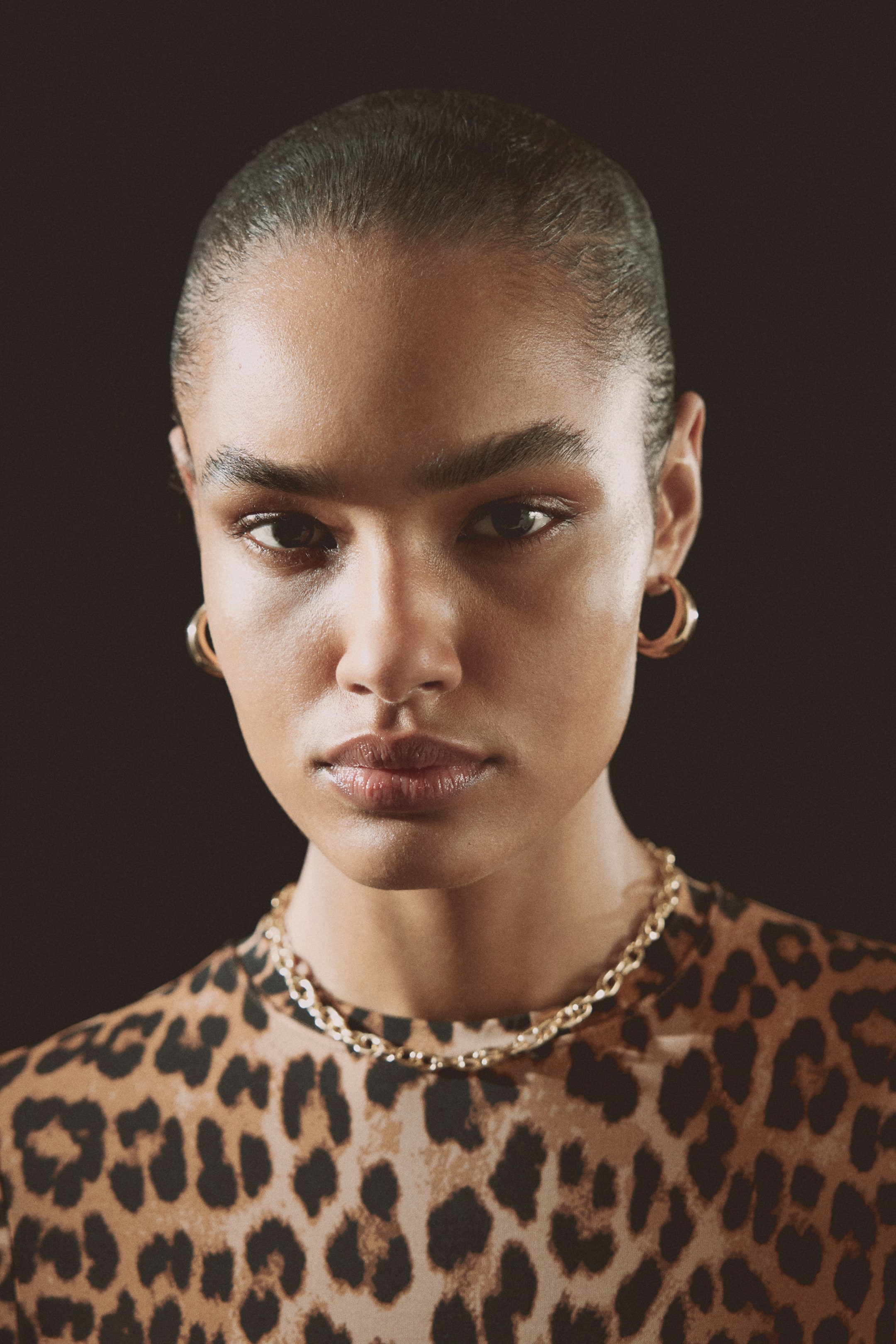 View larger image: A fitted top showcases a brown and black leopard print, with a gold chain necklace adorning its crew neckline.