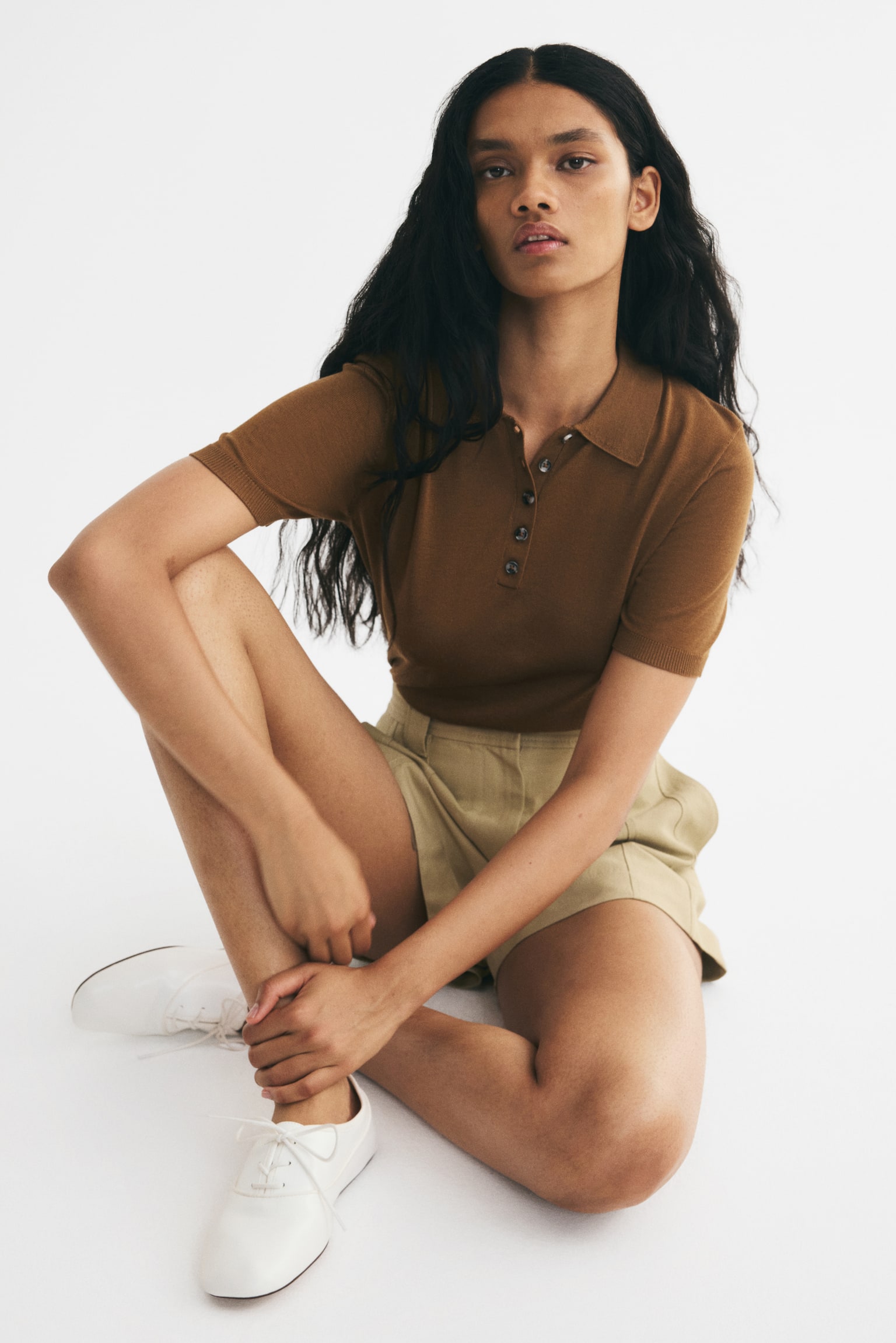 Женское поло H&M Knit Polo Shirt, цвет: Коричневый — фото 4