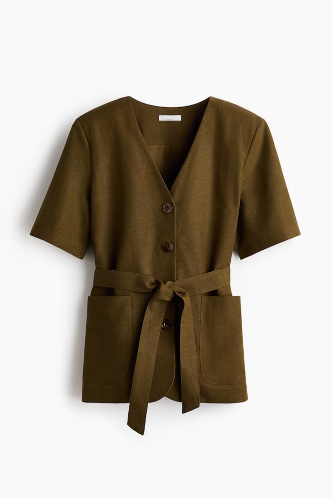 Short-sleeved linen-blend blazer - Dark khaki green/Cream - 1