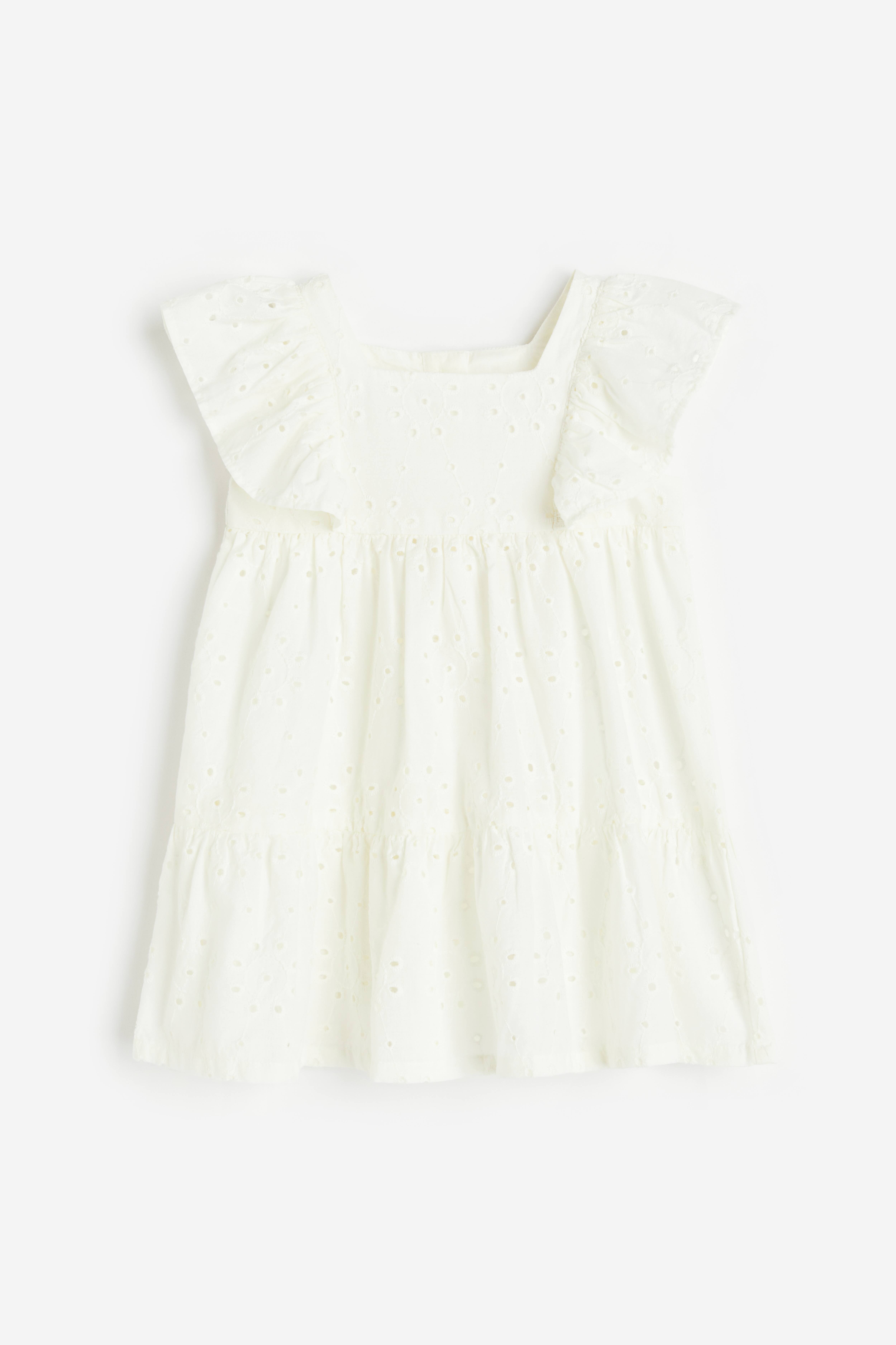 Flounce-trimmed Eyelet Embroidery Dress - Square Neckline - Sleeveless -  White - Kids | H&M US