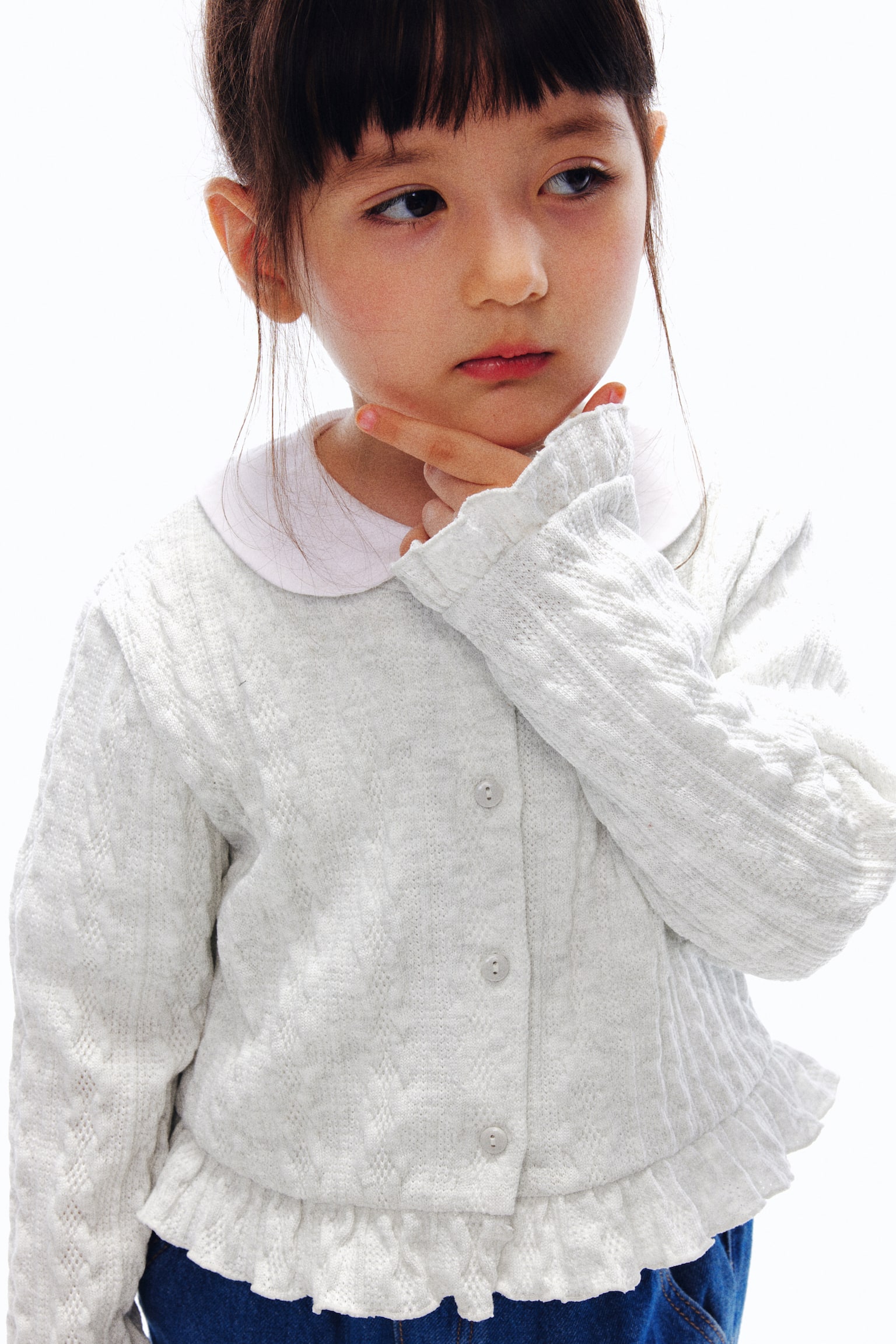 荷葉邊絞花針織開襟衫 - 淺灰混色/黑色 - 4