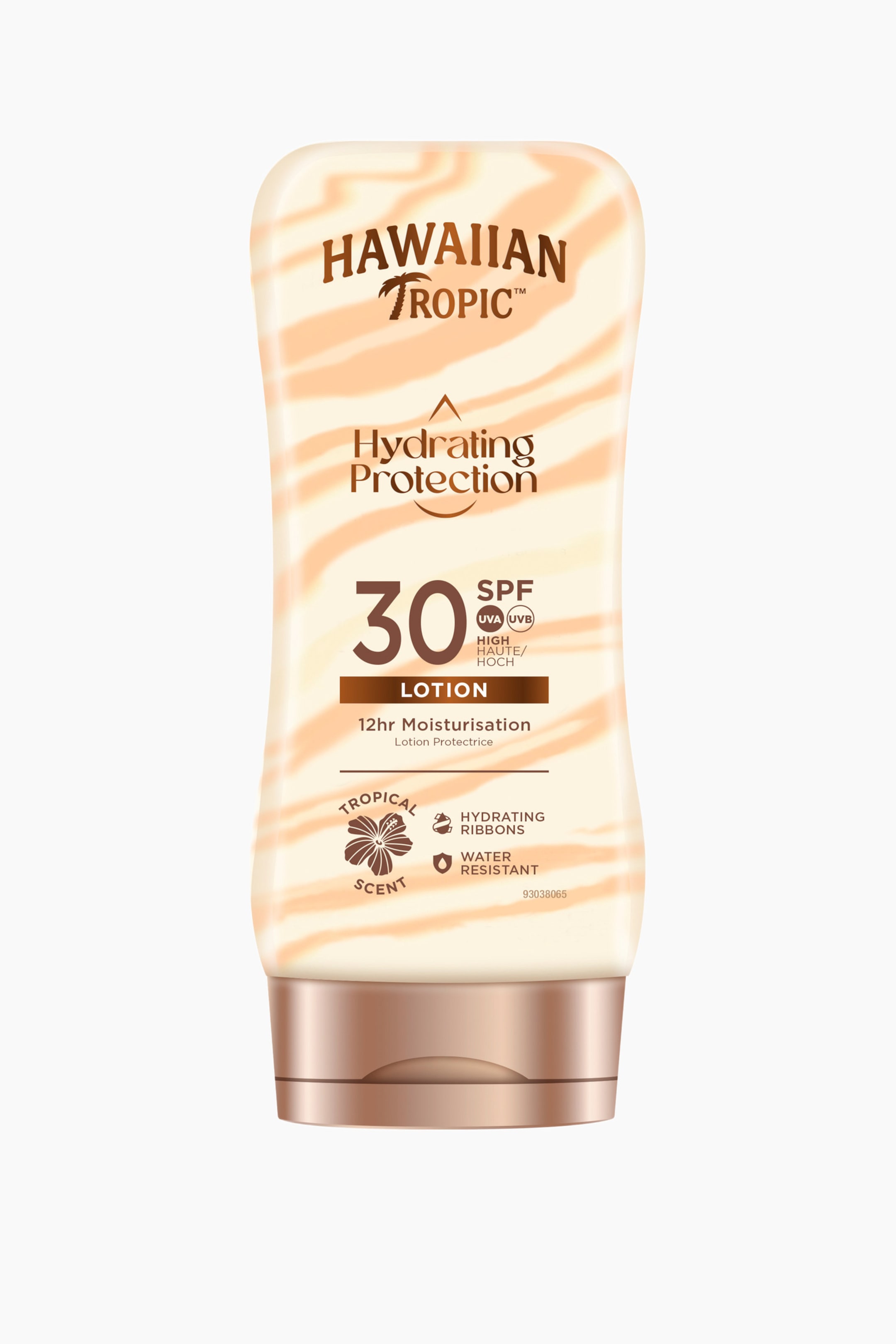 Se større billede: En flaske med Hawaiian Tropic solcreme står oprejst og viser sin forsideetiket. Den formede flaske har en cremefarvet base med lyse orange bølgede striber og en metallic bronzefarvet hætte i bunden. Den viser tydeligt "Hawaiian Tropic Hydrating Protection Lotion SPF 30" i mørkebrun tekst.