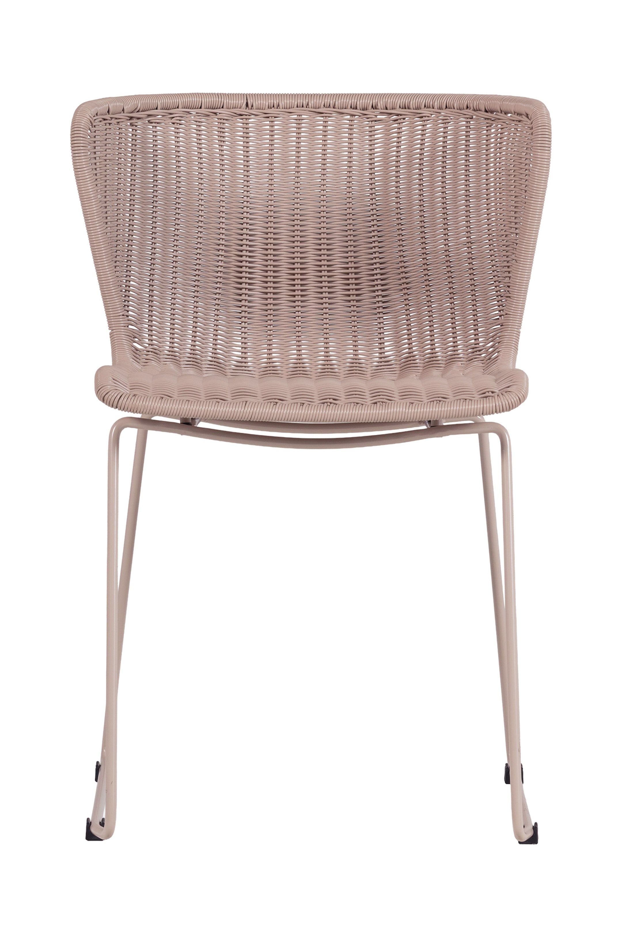 Zobacz większy obraz: Krzesło w kolorze przybrudzonego różu skierowane jest do przodu, prezentując zakrzywione oparcie i siedzisko wykonane z ciasno plecionego materiału w stylu rattanu. Jest ono podtrzymywane przez smukłą, dopasowaną metalową ramę z czarnymi nakładkami na nóżkach.