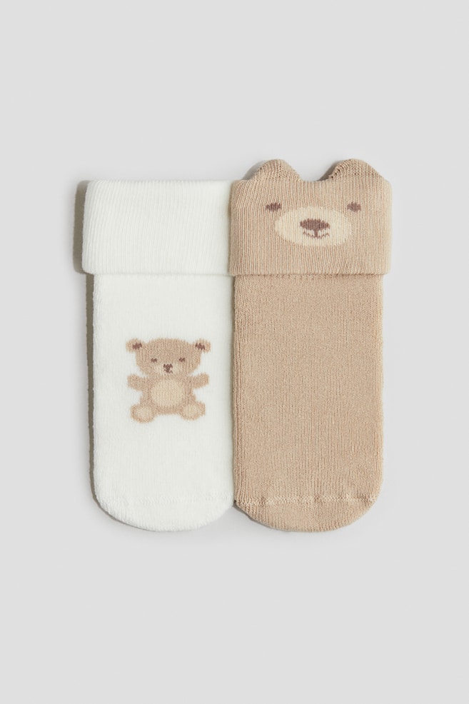 2er-Pack Frotteesocken - Hellbeige/Teddybär/Weiss/I Love Mum/Beige/Giraffe/Beige/Gepunktet/Hellrosa/Äpfel/Hellbeige/Hello World - 1