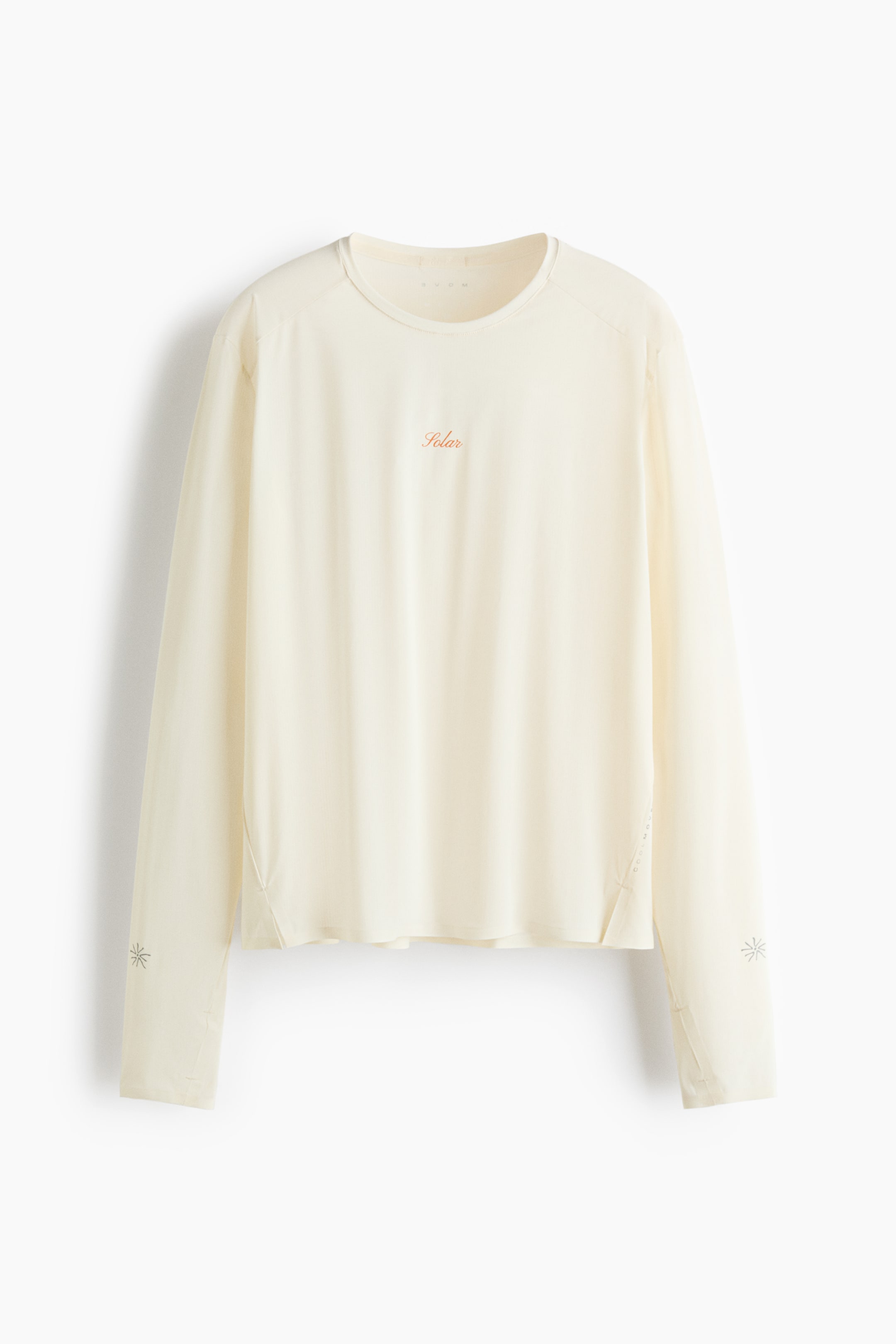 View larger image: A cream long-sleeve shirt is shown from the front, featuring a crew neck and raglan sleeves. An orange "Solar" script is embroidered on the chest, and a star-like graphic is printed on the lower left sleeve, with small side slits visible at the straight hem.