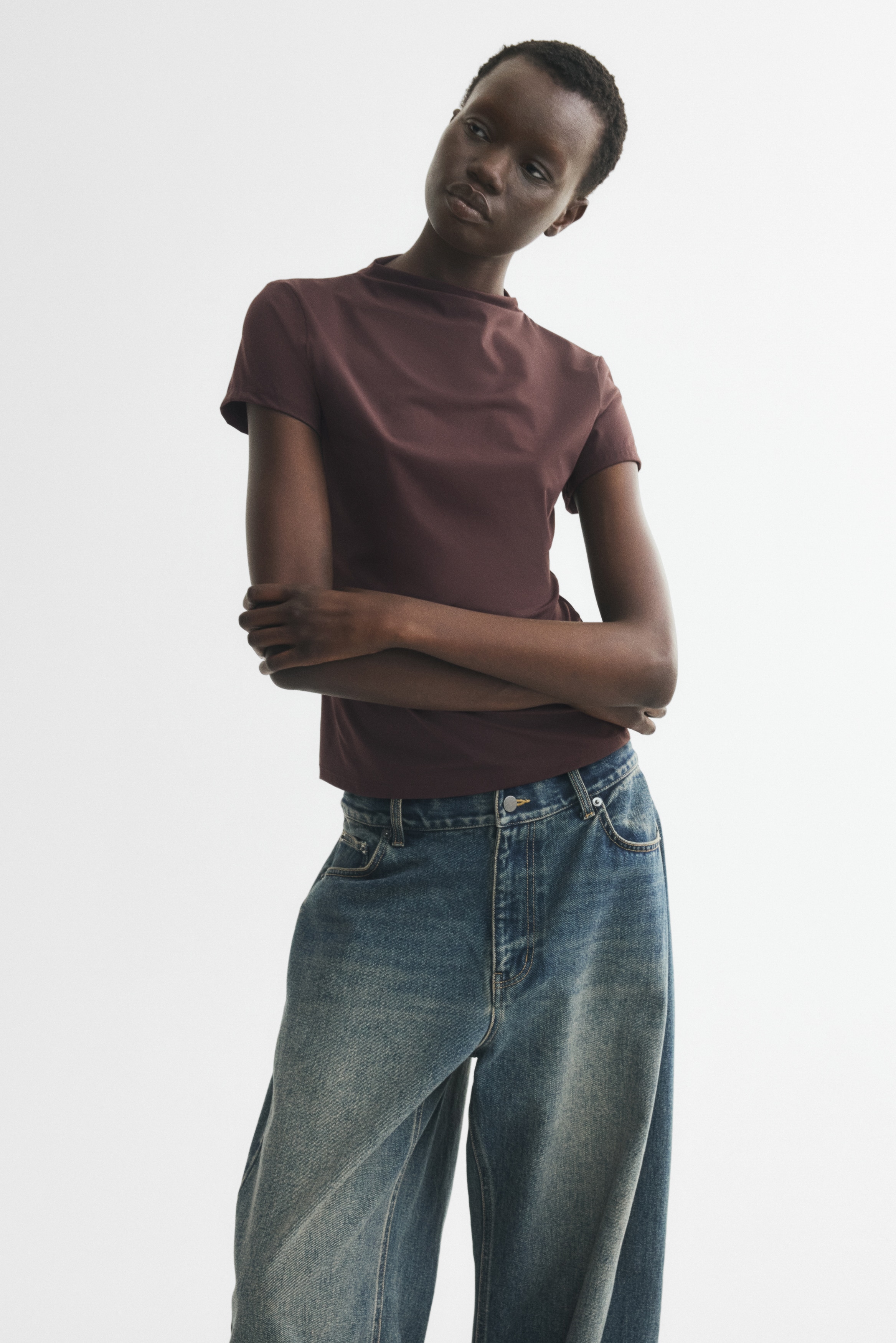 Stand-Up Collar Ponte Top - Dark brown/Black/Cream